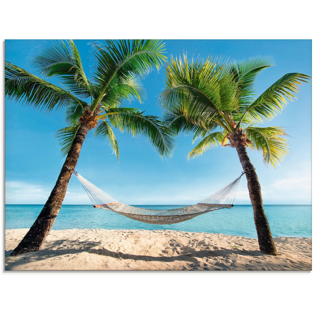 Artland Glasbild »Palmenstrand Karibik mit Hängematte«, Amerika, (1 St.)