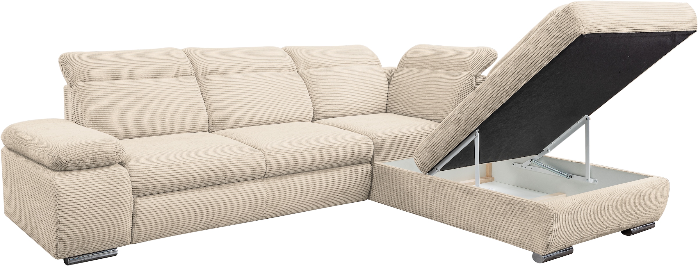 WERK2 Ecksofa »Alicante Cord, inkl. Bettfunktion & Bettkasten, Breite 280cm, L-Form« Schlafsofa mit Bettkasten & verstellbaren Kopfstützen.