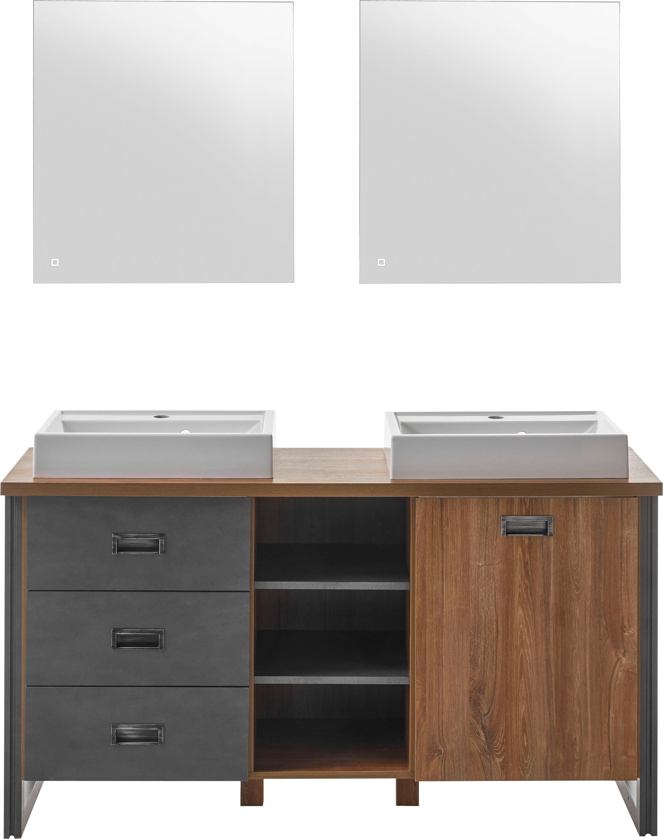 Home affaire Badmöbel-Set »Detroit, Bad im Industrialdesign, inkl. LED, 2-teiliges Badezimmer«, (3 St.), Waschtisch und Spiegel, inkl. zwei Aufsatzwaschbecken aus Mineralguss