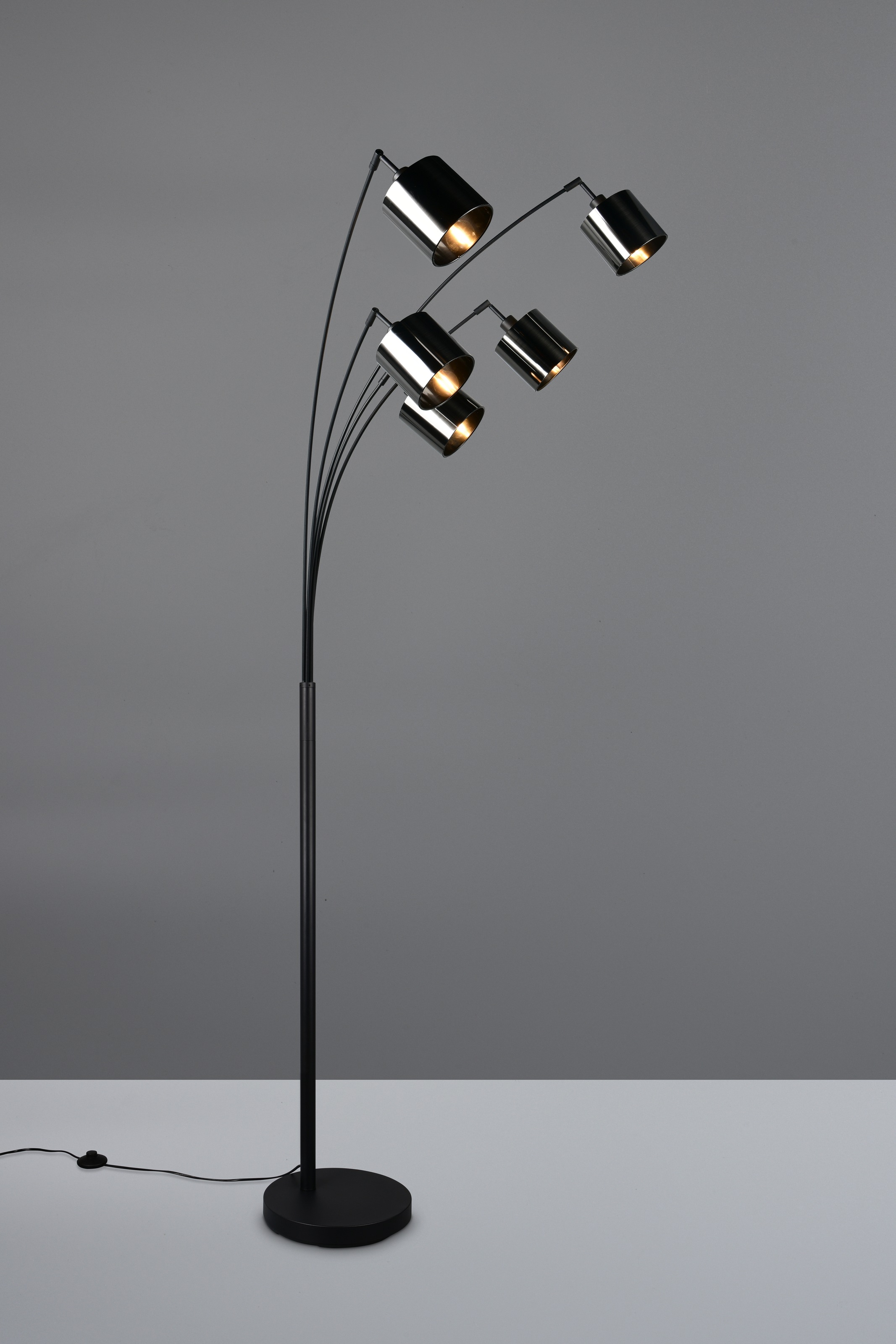 REALITY Leuchten Stehlampe »JASON, Stehleuchte 5-flammig exkl 5x E14 max 10W, Höhe 200cm 72cm tief« E14 1 Stk. warmweiß - kaltweiß Bogenleuchte Metall schwarz, Lampenschirme rauchgrau, Fußschalter