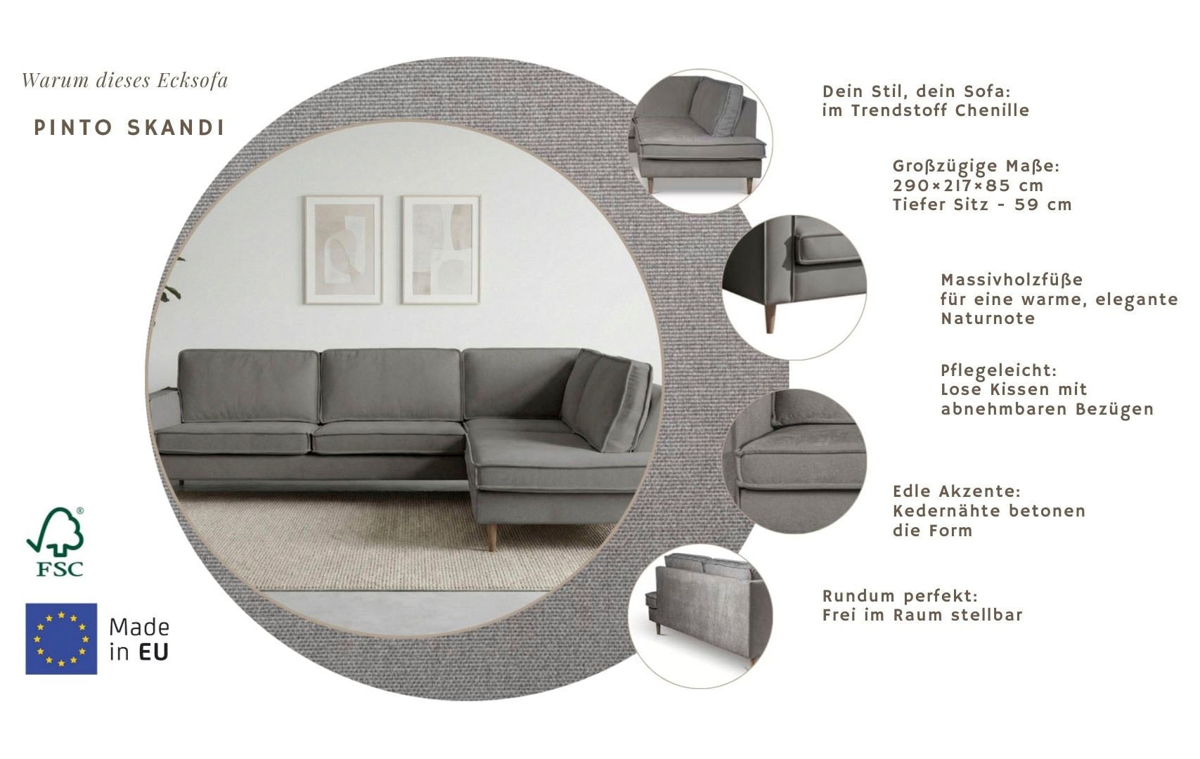 Home affaire Ecksofa »Pinto Skandi, 290 cm, Chenille, Struktur, Ottomane links / rechts« mit Keder, Massivholzfüße Eiche geräuchert, Wellenunterfederung