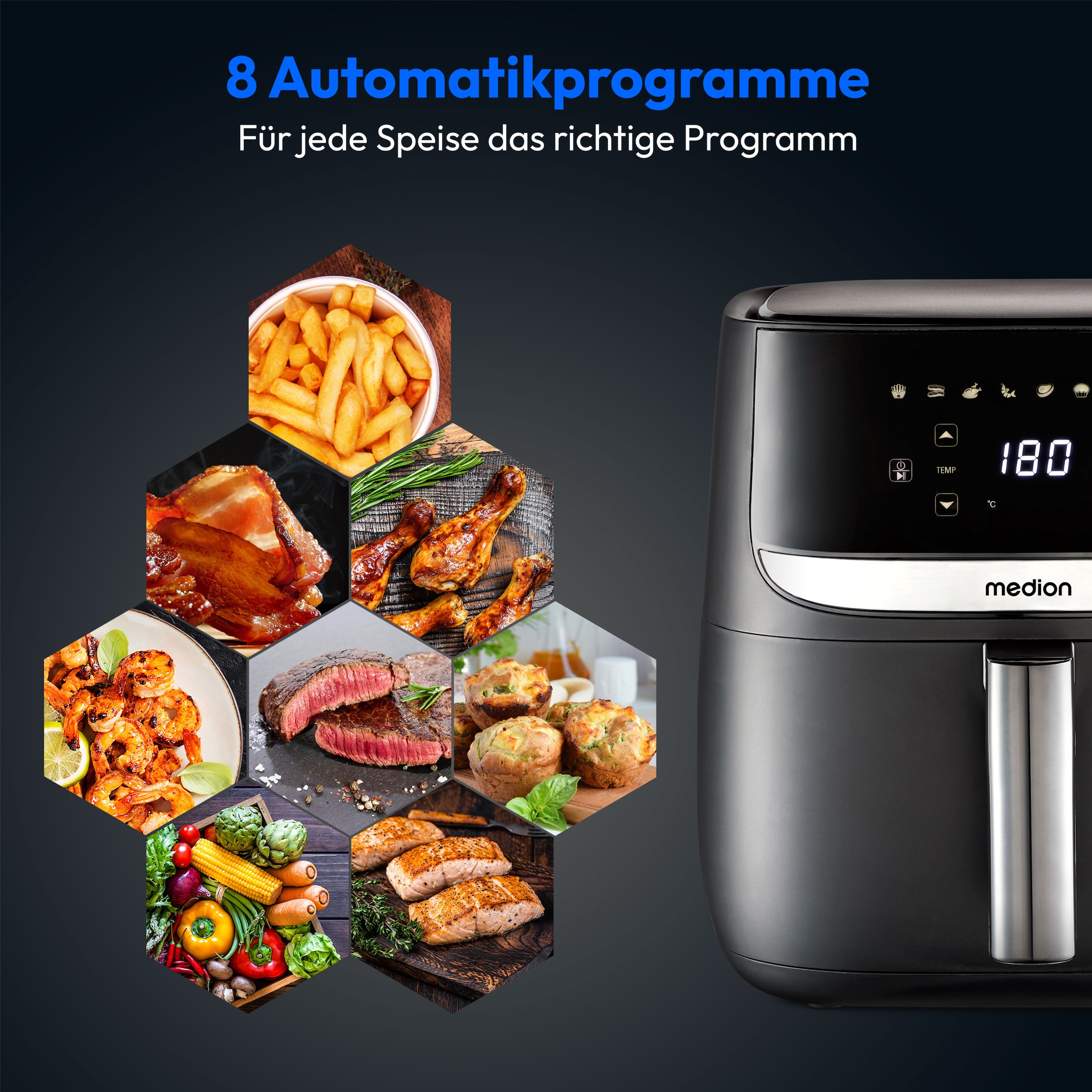 Medion® Heißluftfritteuse »E50 XL (MD 10532), 5,7 L Korbvolumen, 8 Automatikprogramme, Timer«, 1700 W, Temperatur bis 200 °C, ölfreies Frittieren, digitales Bedienfeld
