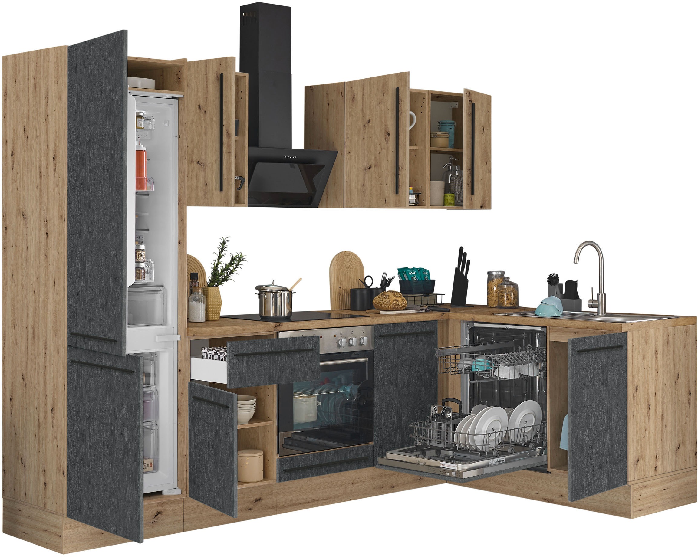 KOCHSTATION Winkelküche »Florida, Stellbreite 280x165 cm«, wahlweise mit E-Geräten, mit Softclose für Türen und Schubkästen