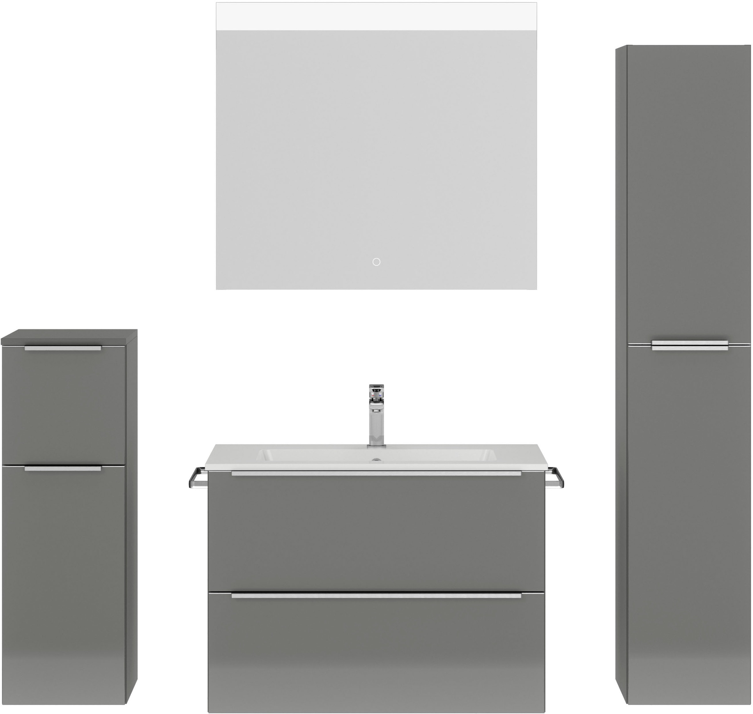 nobilia® Badmöbel-Set »Levere«, (4 St., vormontiert, mit Soft-Close), Hochglanz, inkl. Spiegel mit Touch-Sensor, in vier Breiten
