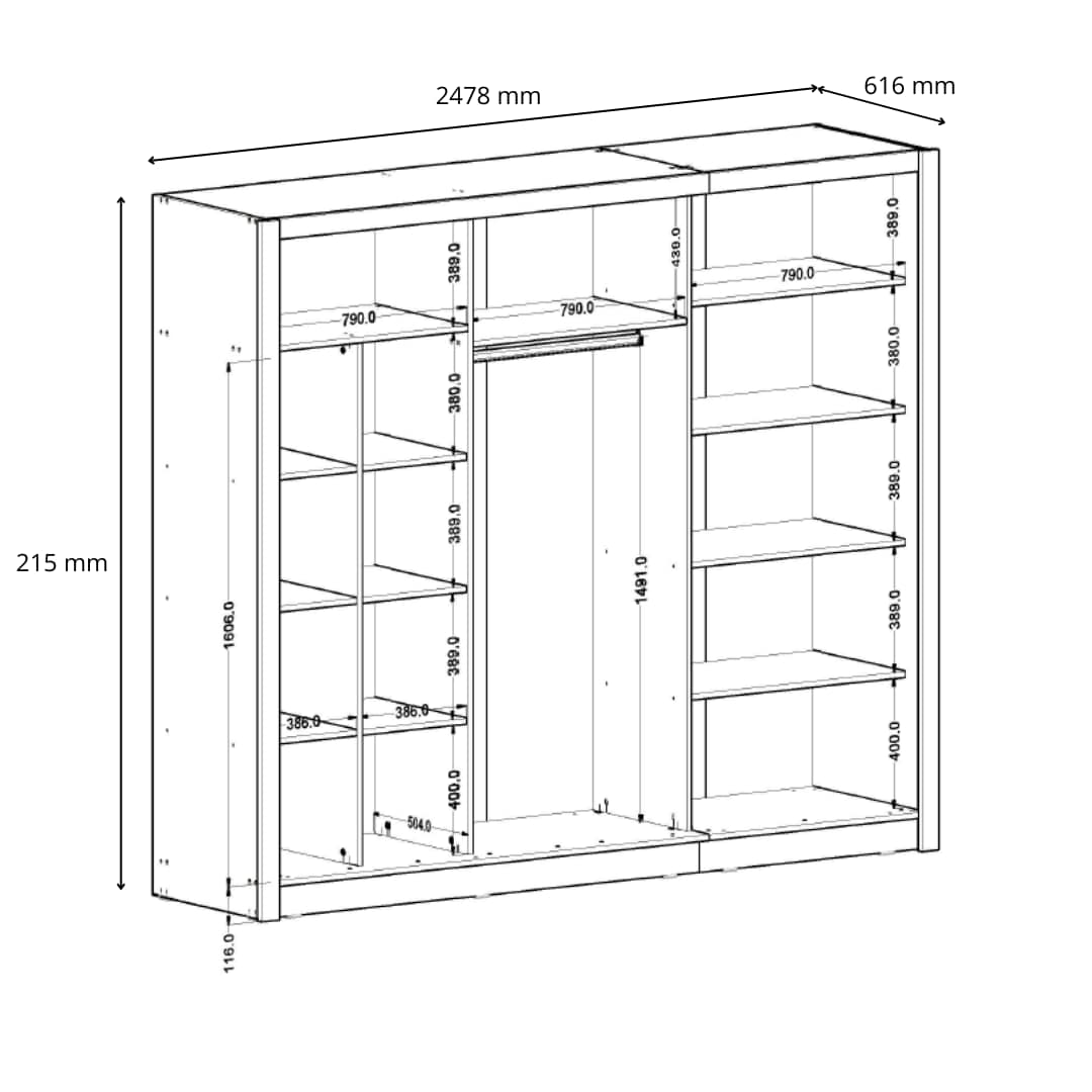 Home affaire Kleiderschrank »BELAVIEN Schwebetüren mit 15 Fächer, Kleiderstange und Spiegel« Garderobe mit 3 Schwebetüren und Spiegel, Maße B/T/H: 247,8/61,6/215