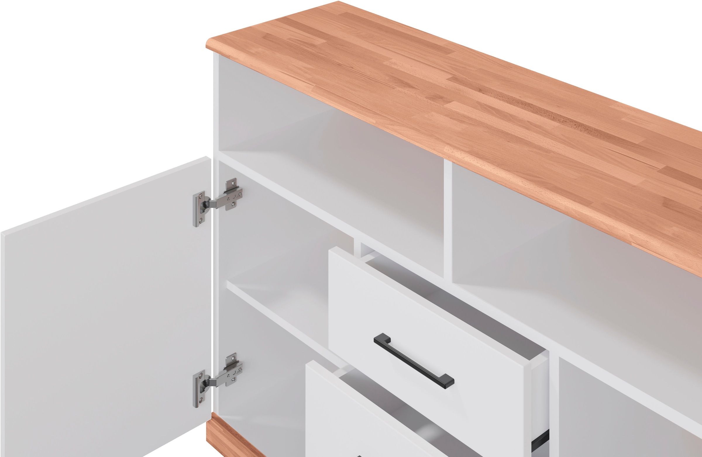 Home affaire Sideboard »Ribe,130cm breit,80cm hoch,Oberplatte Holz massiv,6 Fächer«, Oberplatte Kernbuche massiv,schwarze Metall Griffe