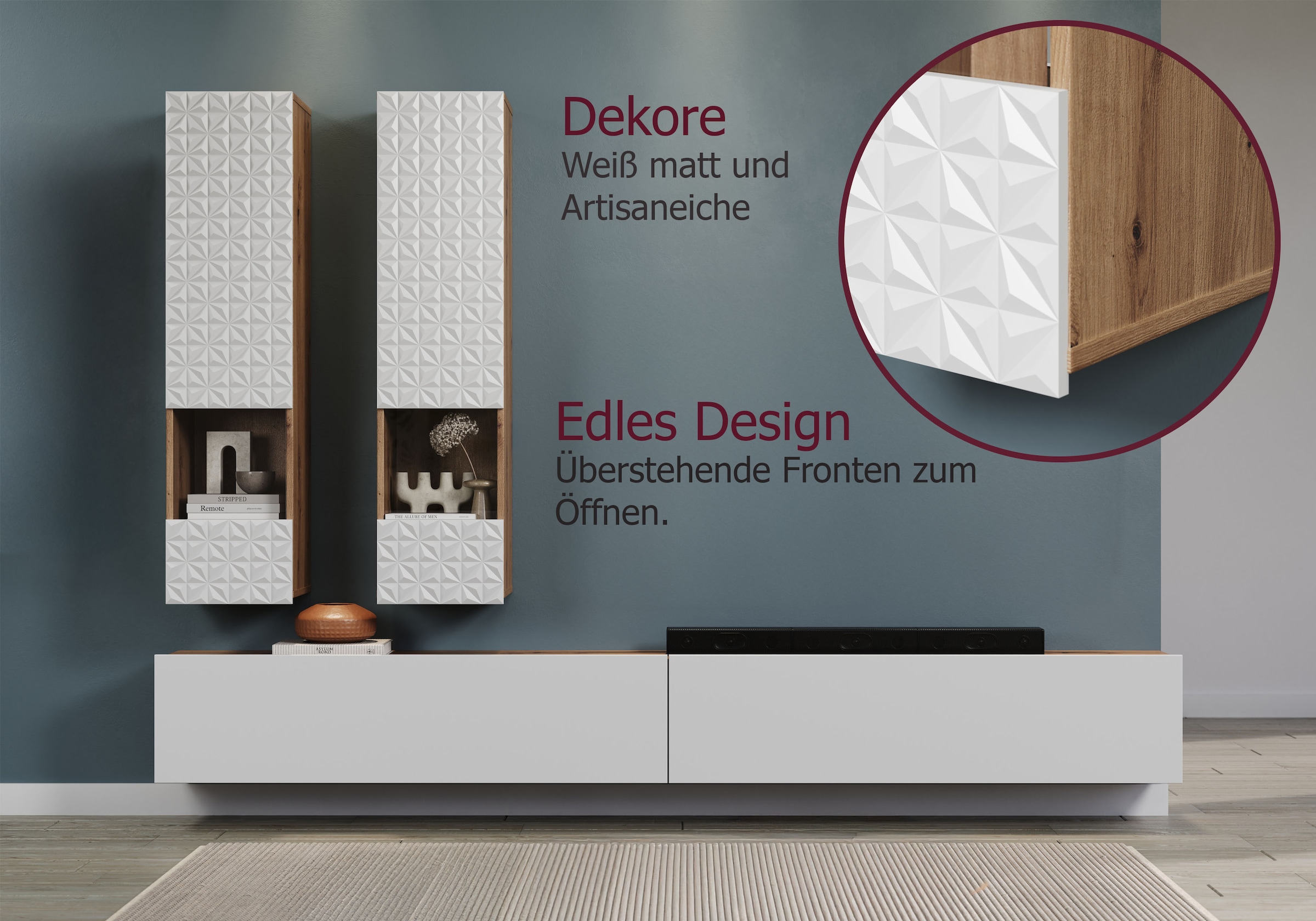 INOSIGN Wohnwand »Rezzo, 2 Hängevitrinen mit Relief-Front, 2 Lowboards je Br. 120 cm«, (Komplett-Set, 4 St.), insgesamt Br. 240 cm, Montage stehend oder hängend