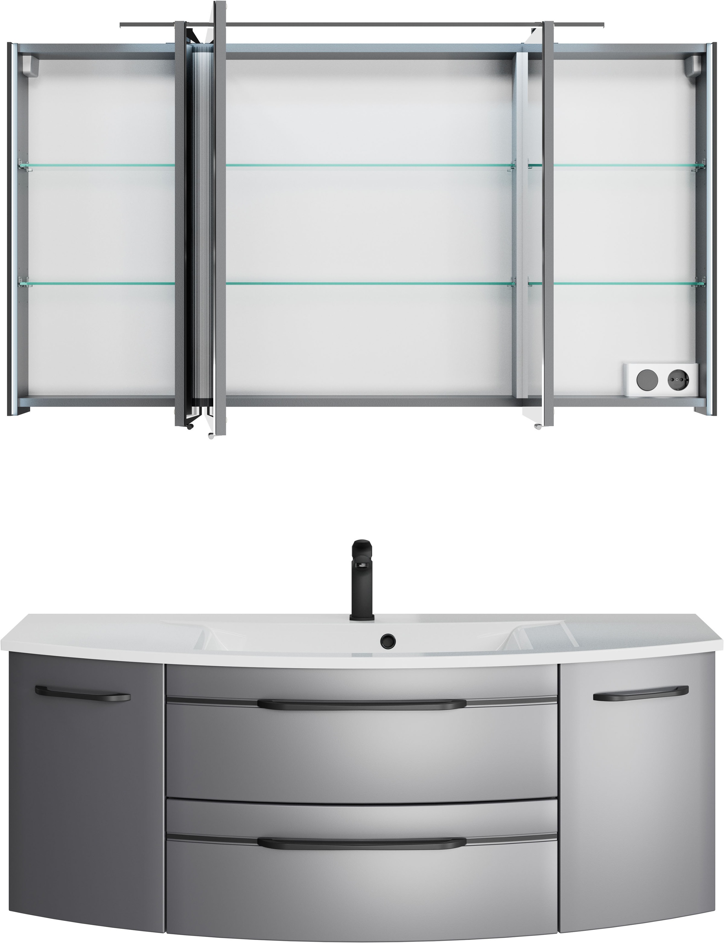 Saphir Badmöbel-Set »Serie 7045 2-teilig Mineralmarmor-Waschtisch mit LED-Spiegelschrank«, (Set, 2 St.), Badezimmer-Set 133,2 cm breit, inkl. Türdämpfer, 5 Türen, 2 Schubladen