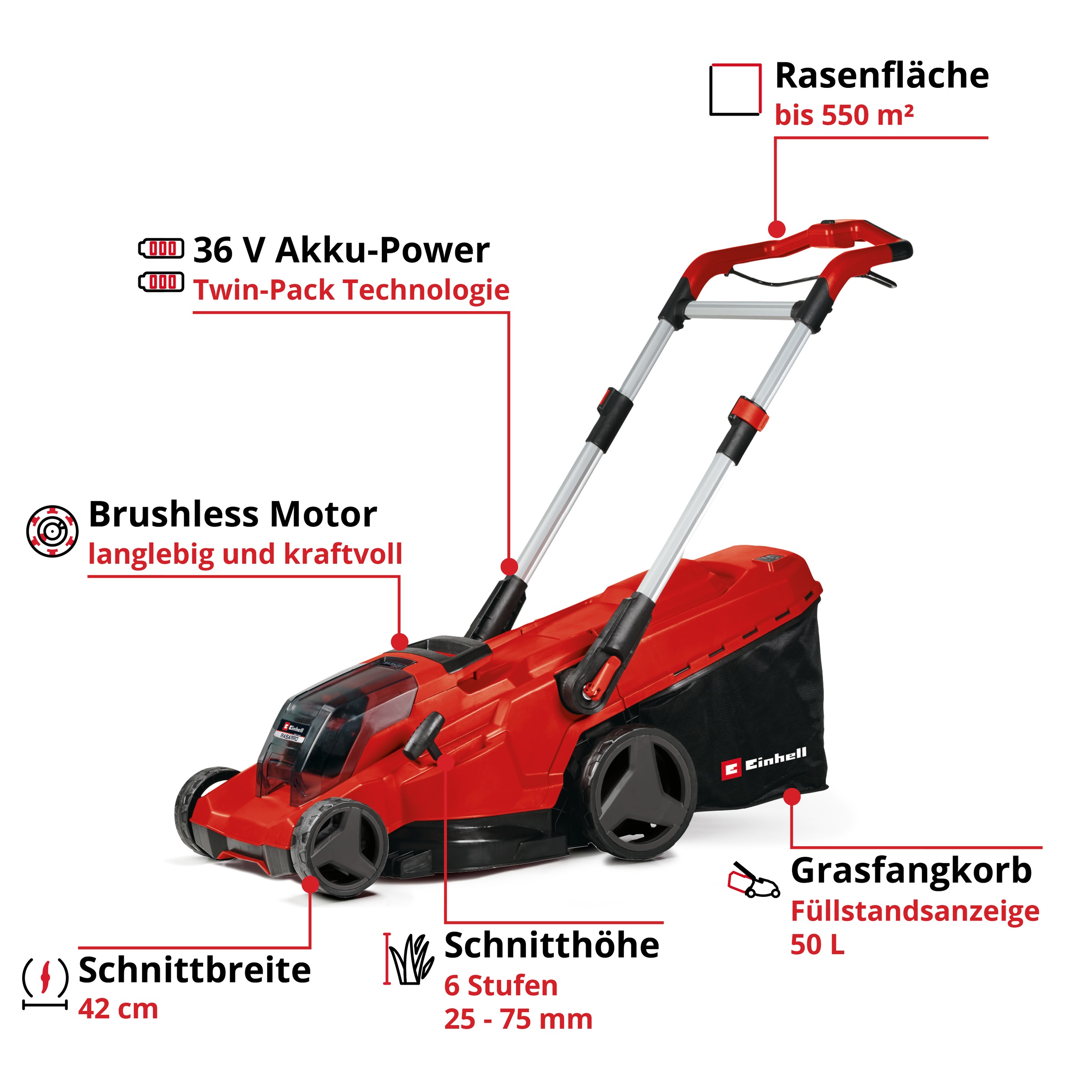 Einhell Akkurasenmäher »PROFESSIONAL RASARRO 36/42«, 2 x 4.0Ah