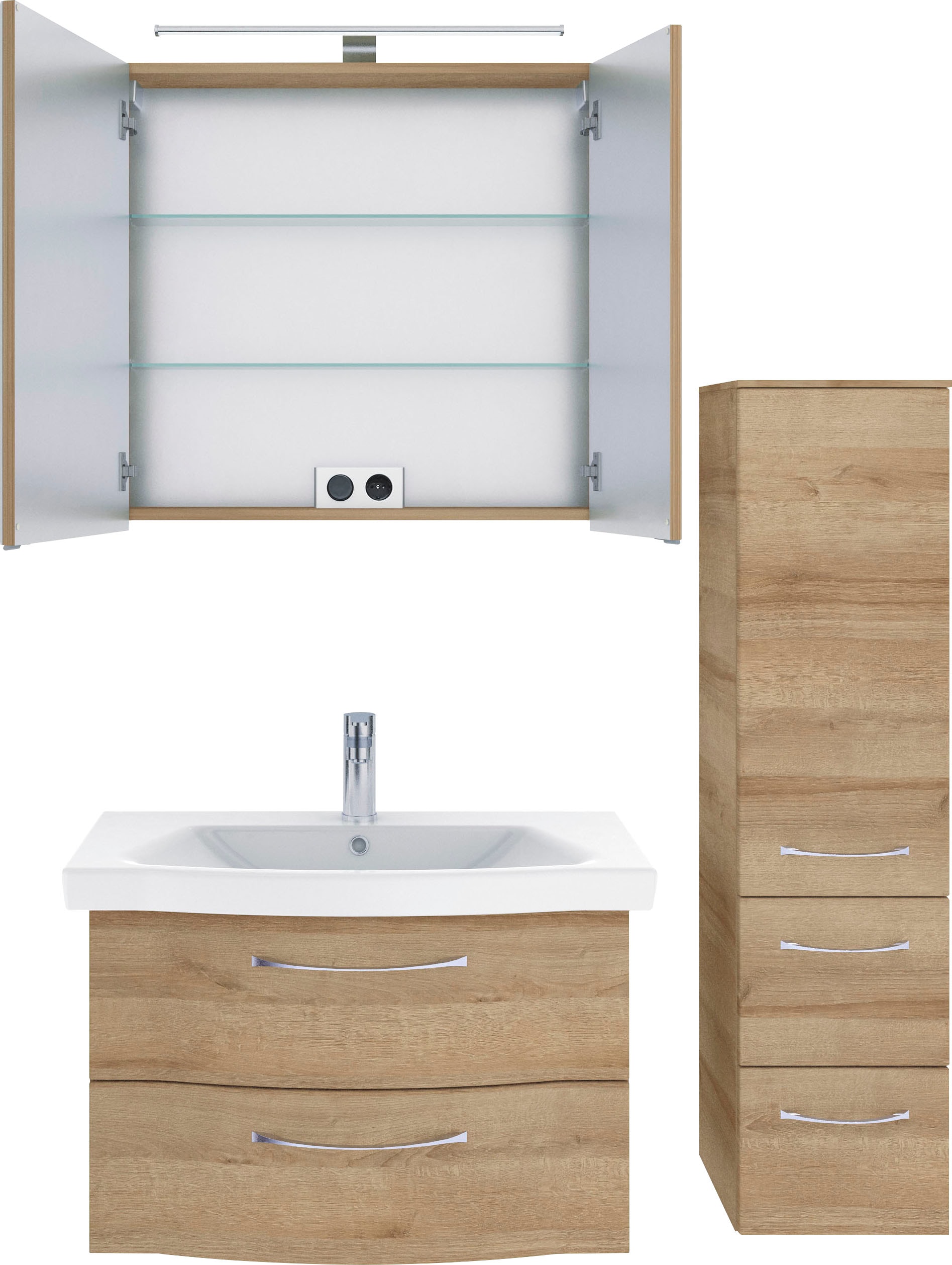 Saphir Badmöbel-Set »6005 Sprint 3-teilig, Keramik-Waschtisch mit LED-Spiegelschrank«, (4 St.), Midischrank, inkl. Türdämpfer, 3 Türen, 4 Schubladen, Bad-Set