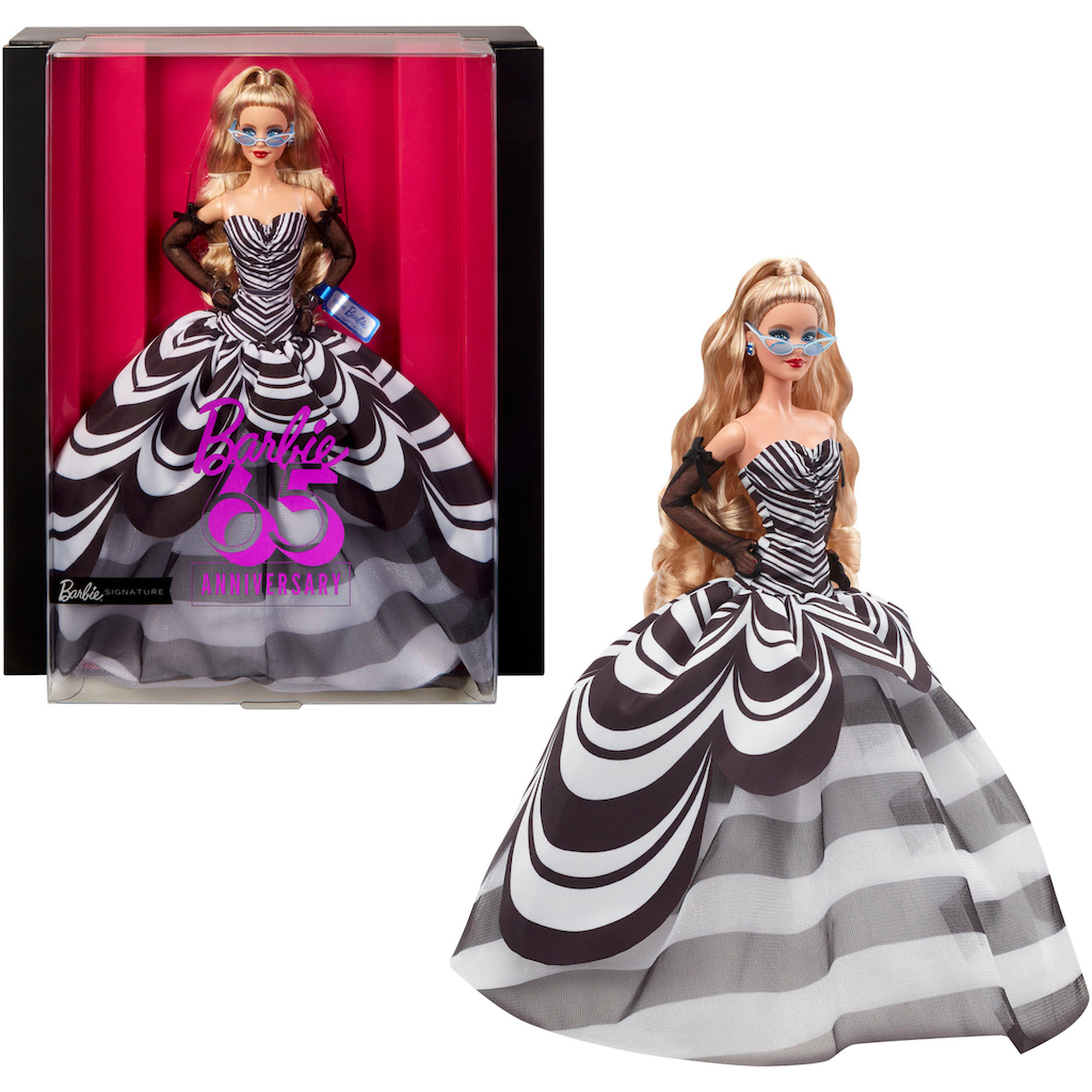 Barbie Anziehpuppe »Barbie Signature, Sammlerpuppe zum 65. Jubiläum mit blonden Haaren«, und schwarz-weißer Robe