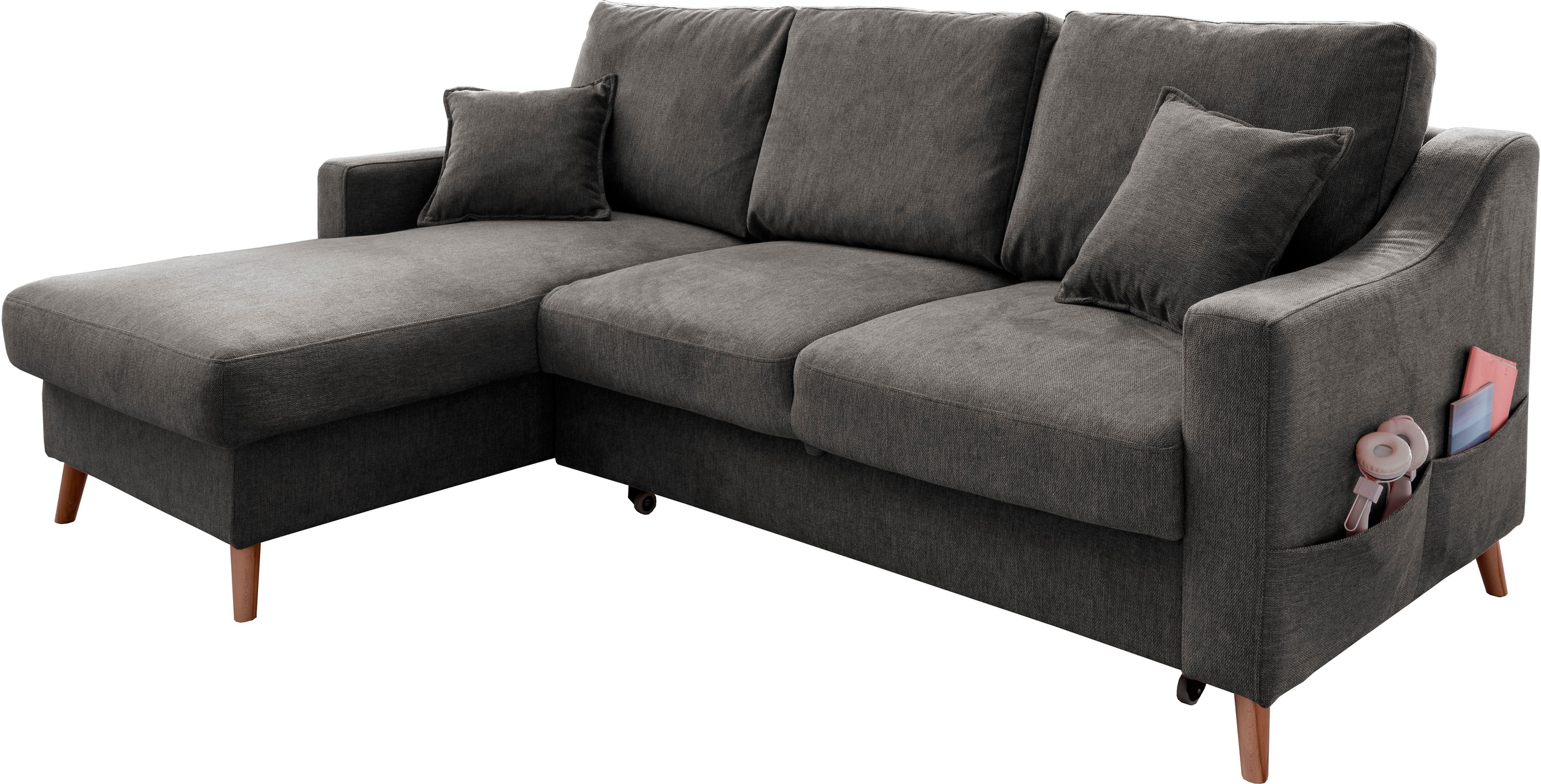 INOSIGN Ecksofa »Valentina L-Form«, 2 Zierkissen, mit Seitentasche, ausziehbarer Liegefläche, Bettkasten