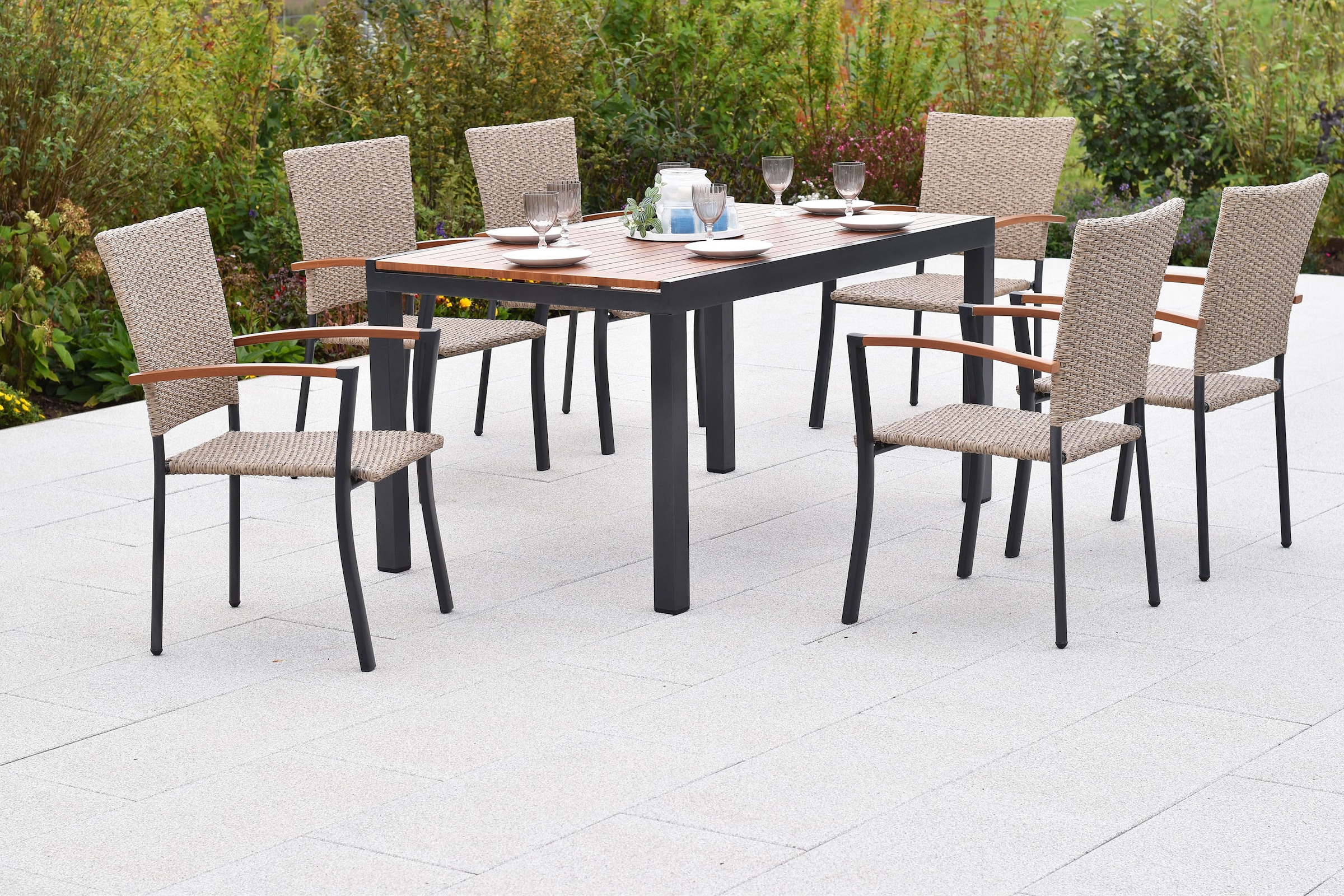 MERXX Garten-Essgruppe »»Teramo««, (Set, 7 tlg.), folierte Applikationen und Tischplatte in Holzoptik