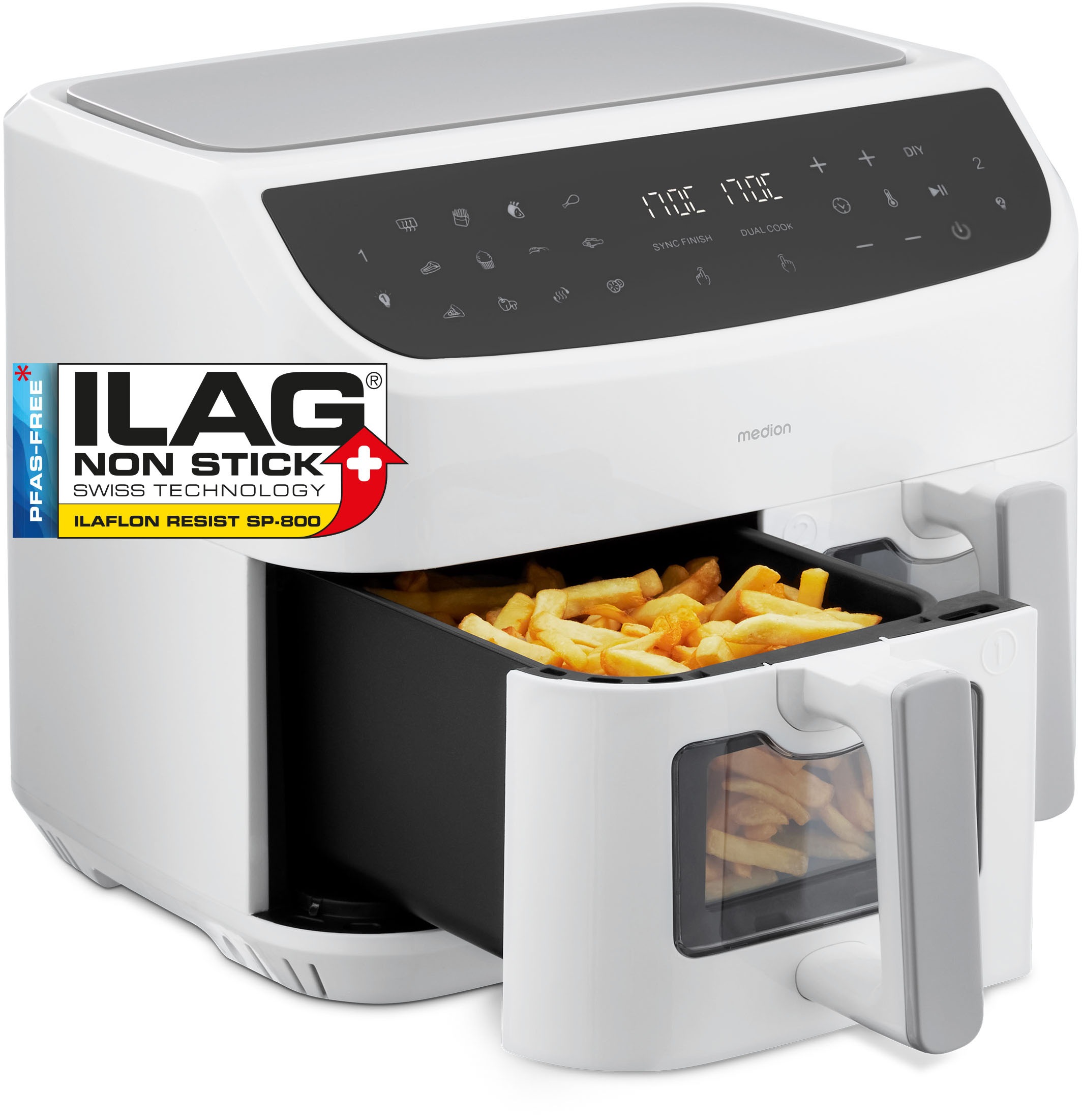 Medion® Heißluftfritteuse »P20 XL (MD 11760) 8,7 L Korbvolumen, 9 Automatikprogramme, Dual Cook«, 2400 W, Temperatur 50 - 200 °C, ILAG Beschichtung, Sync-Finish