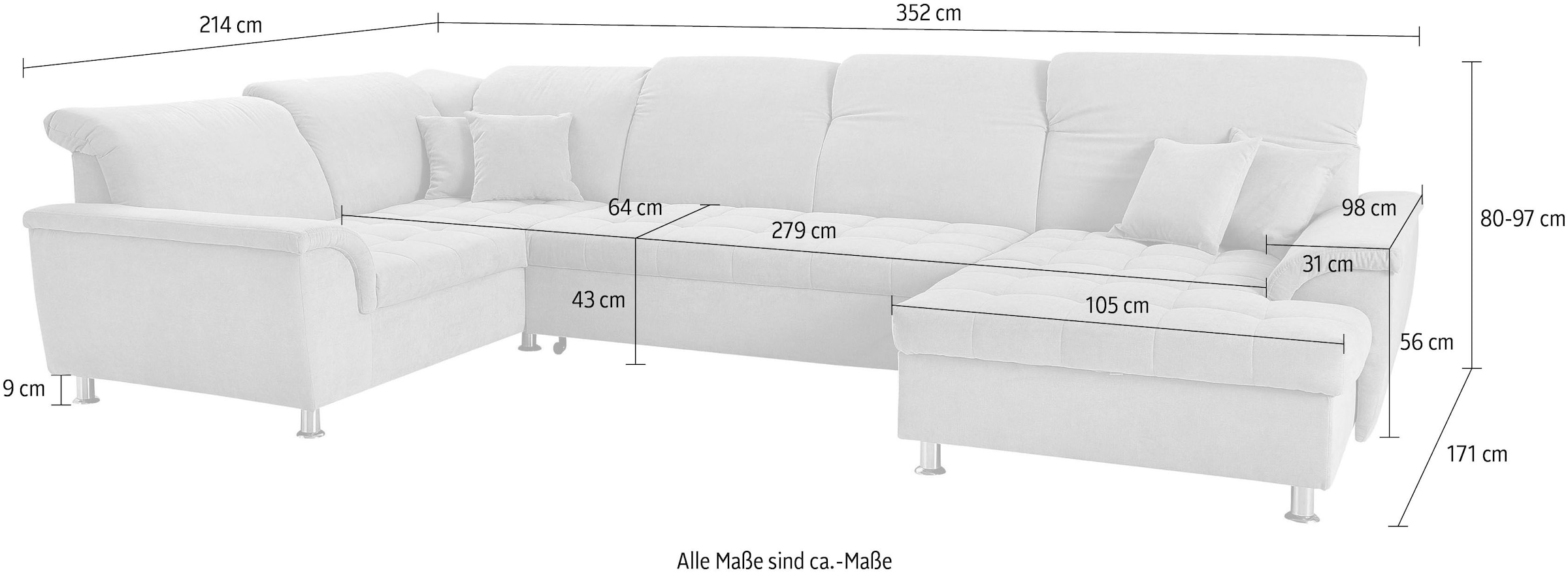 DOMO collection Wohnlandschaft »Franzi, optinal mit Bettfunktion & Bettkasten & Kopfteilverstellung«, XXL-Sofa, Recamiere rechts, grau, B/T: 352/214 cm