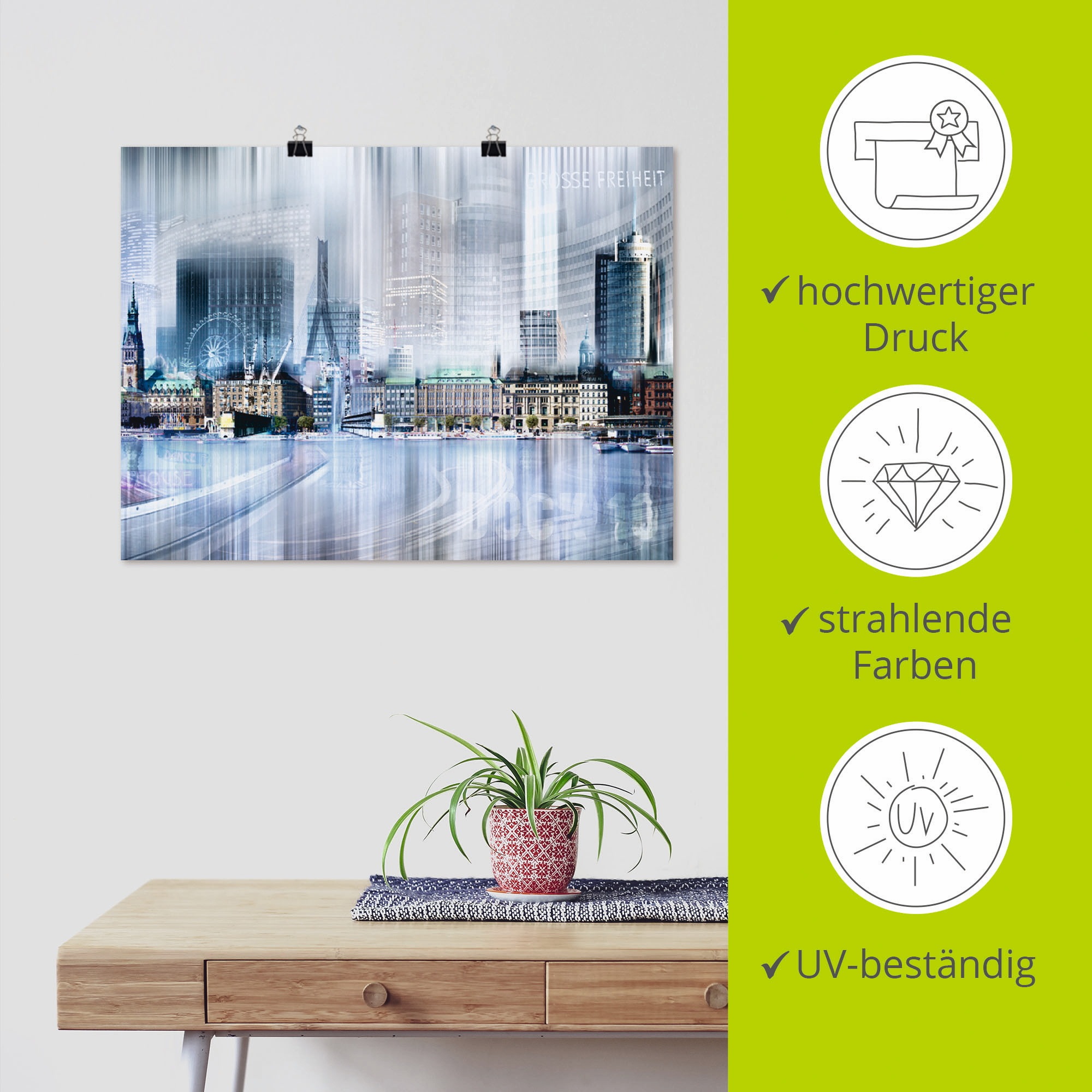 Artland Poster »Hamburg Skyline Collage I«, Deutschland, (1 St.), als Leinwandbild, Wandaufkleber oder Poster in versch. Größen