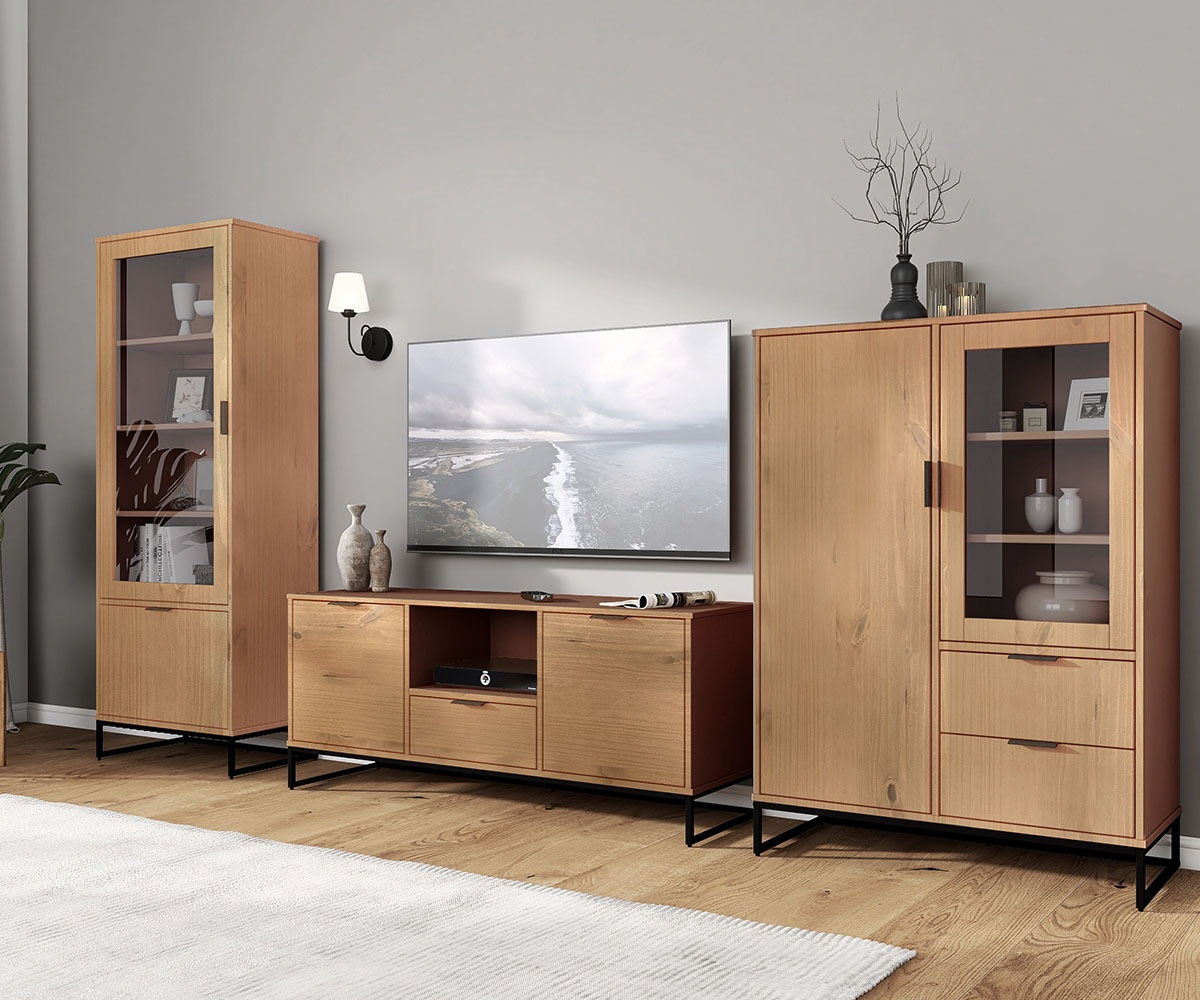 Inter Link Vitrine »Vitrine Vivo« 1 Stk. tlg. Kiefer Massiv, Soft-close, Industrial Style, BxTxH: 70 x 45 x 190 cm