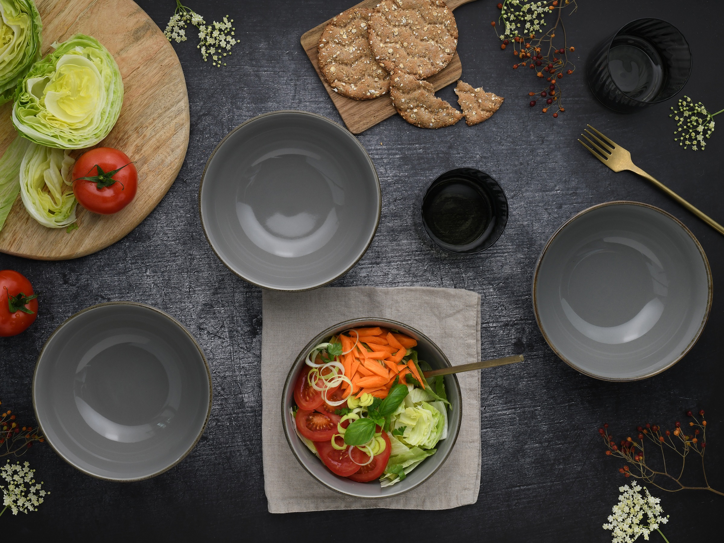 CreaTable Schale »Nature Collection, Buddha Bowl 4-tlg«, 4 tlg., aus Steinzeug, Handwerklicher Look, Vintage, Höhe 8,5 cm
