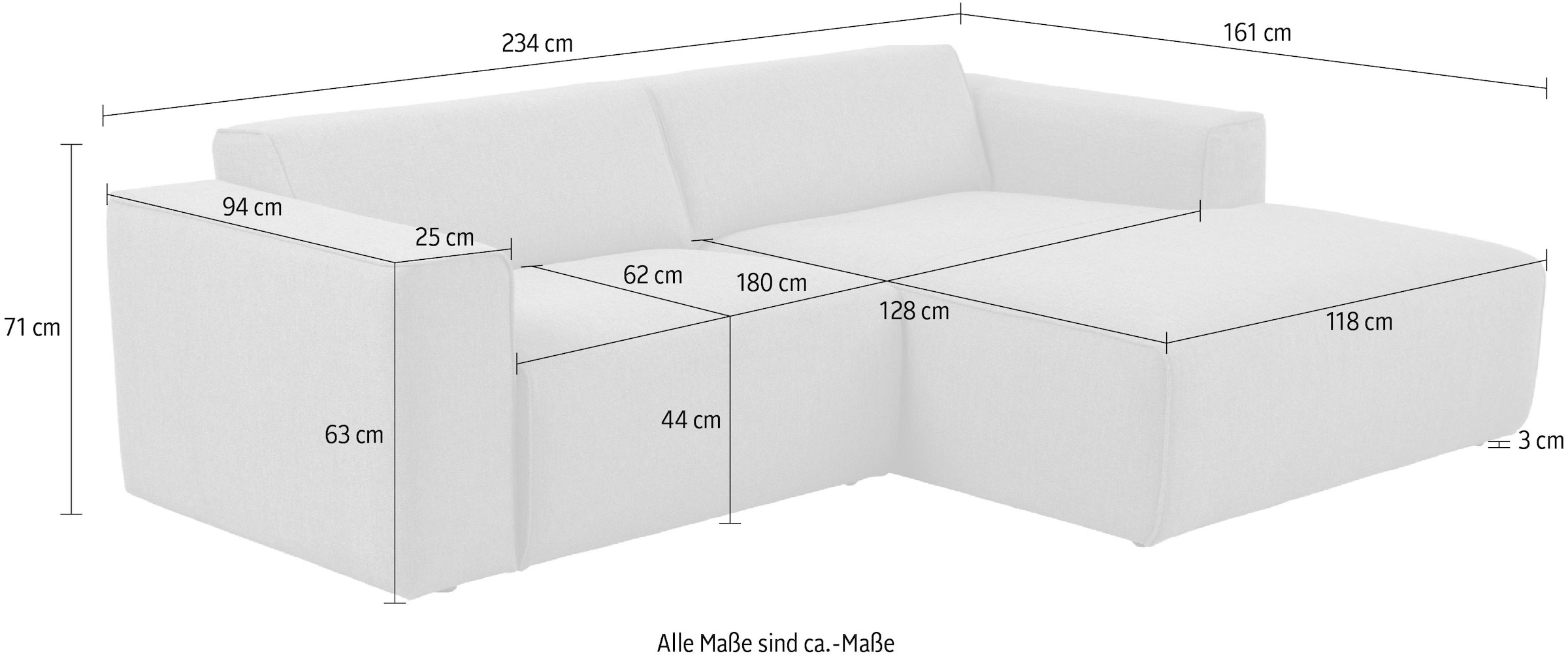 andas Ecksofa »Noord mit Kedernaht, Breite 234 cm«, Cord, Struktur, Webstoff, mit Wellenunterfederung, Massivholzrahmen