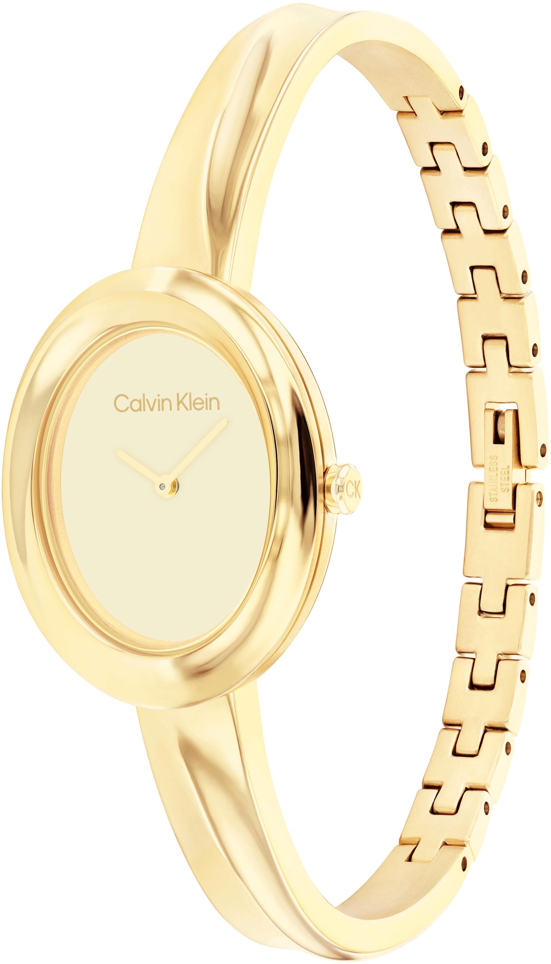Calvin Klein Quarzuhr »TWISTED BEZEL BANGLE«, Armbanduhr, Damenuhr, Edelstahlarmband, analog