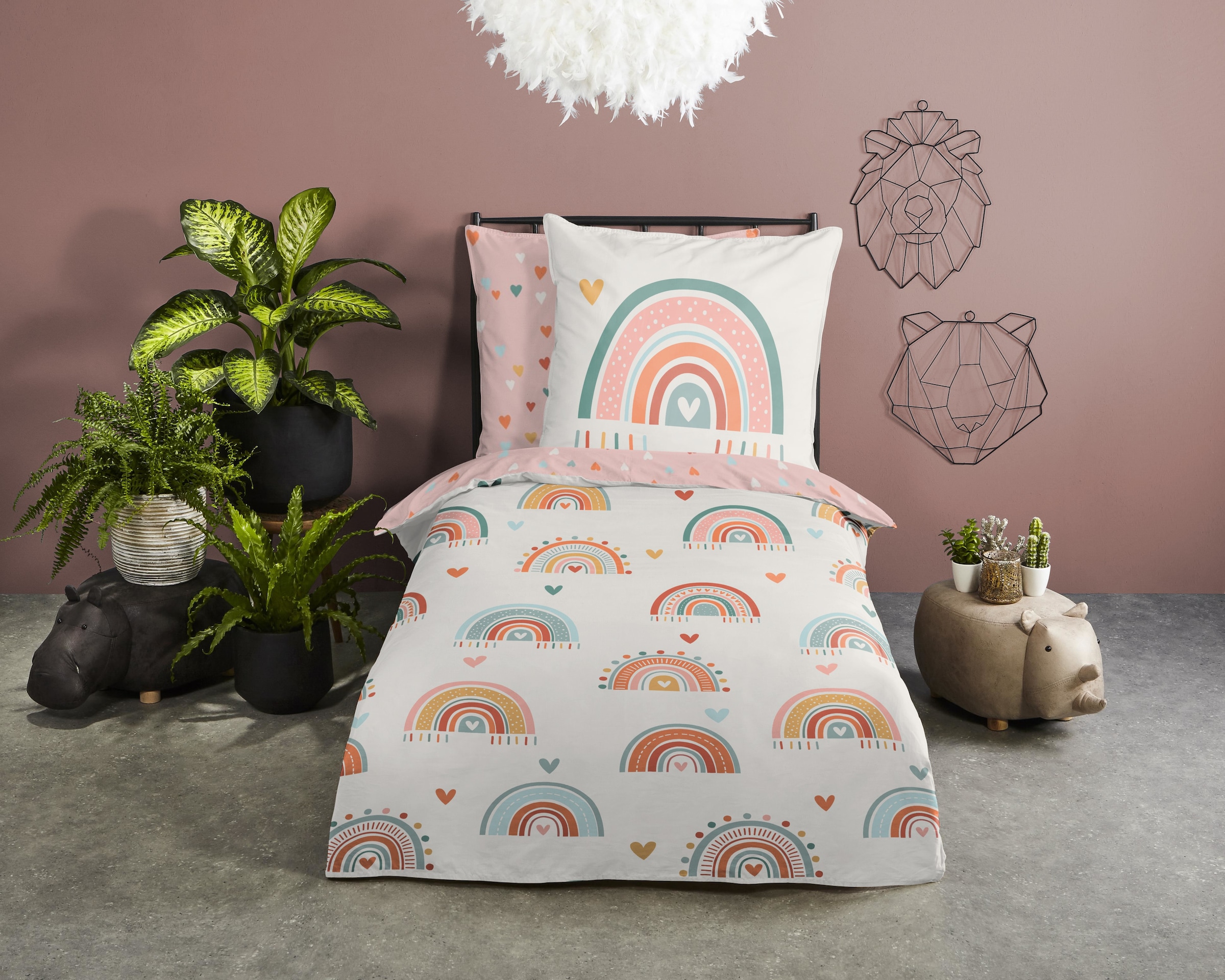 good morning Kinderbettwäsche »Louie«, Baumwolle, Renforcé, Wendeoptik, Baby, Kind, Mädchen, Regenbogen, Rosa