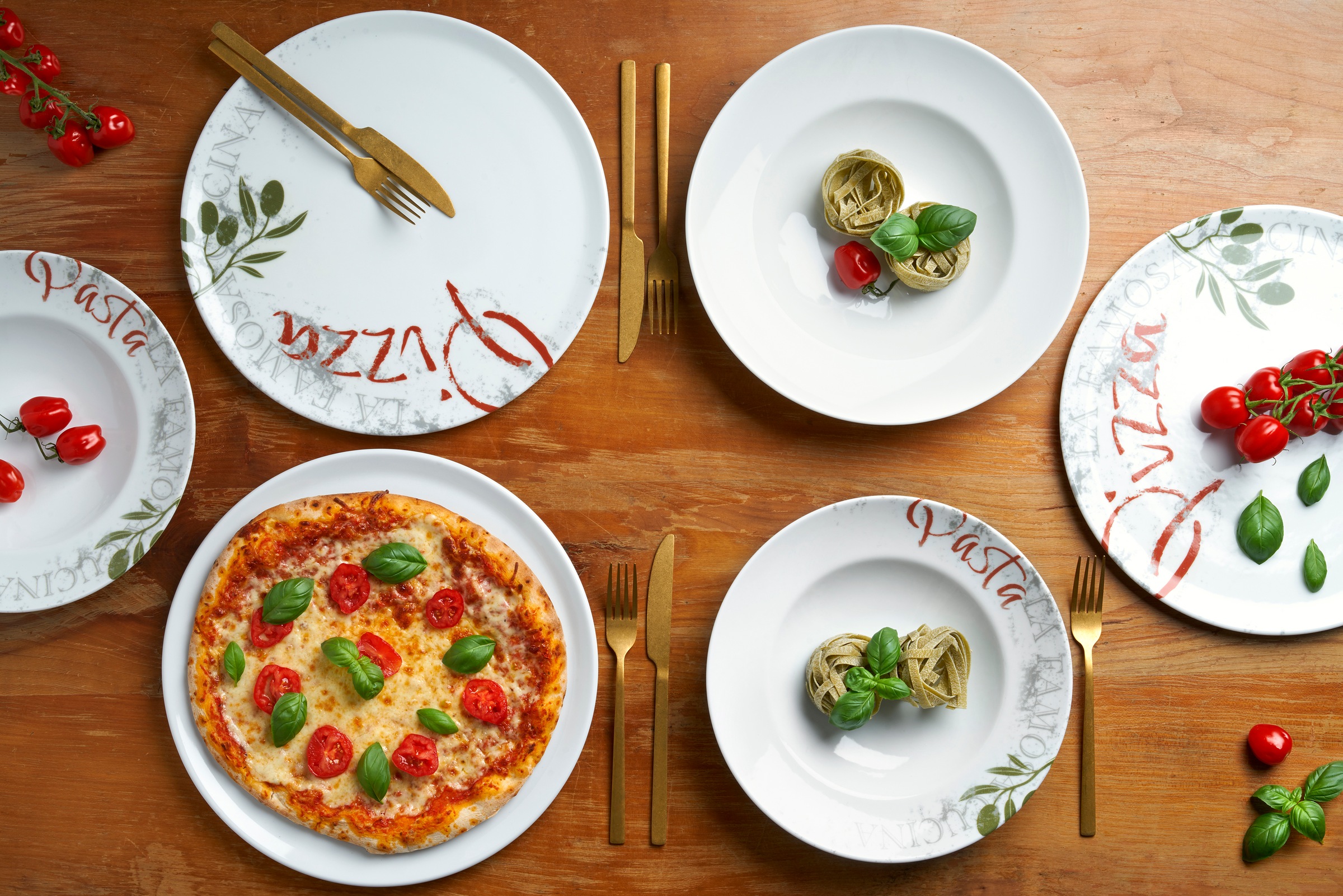 van Well Pastateller »Teller-Set Famosa, mit PIZZA Schriftzug, 6er Set, Ø 27 cm«, (Set, 6 St.), Service, Geschirr-Set für 6 Personen