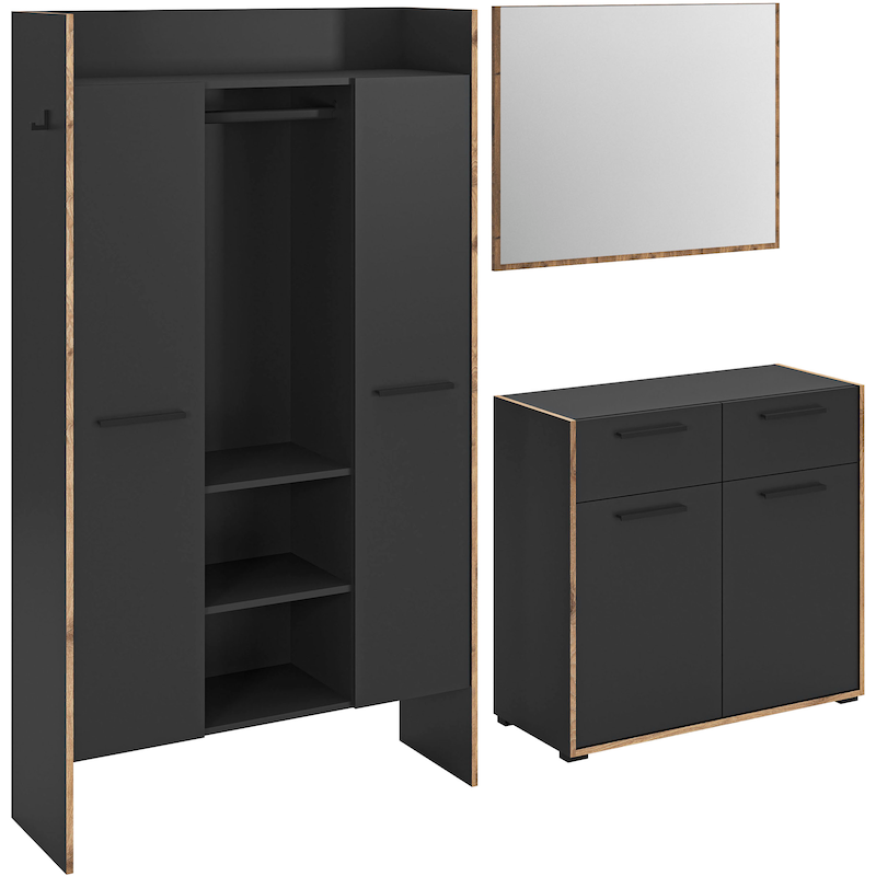 INOSIGN Garderoben-Set »MUSTA, 3-teilig: Garderobenschrank, Kommode & Garderobenspiegel« Basalt grau/Nox Oak Nachbildung Maße B/H/T ca.: 215 x 190...