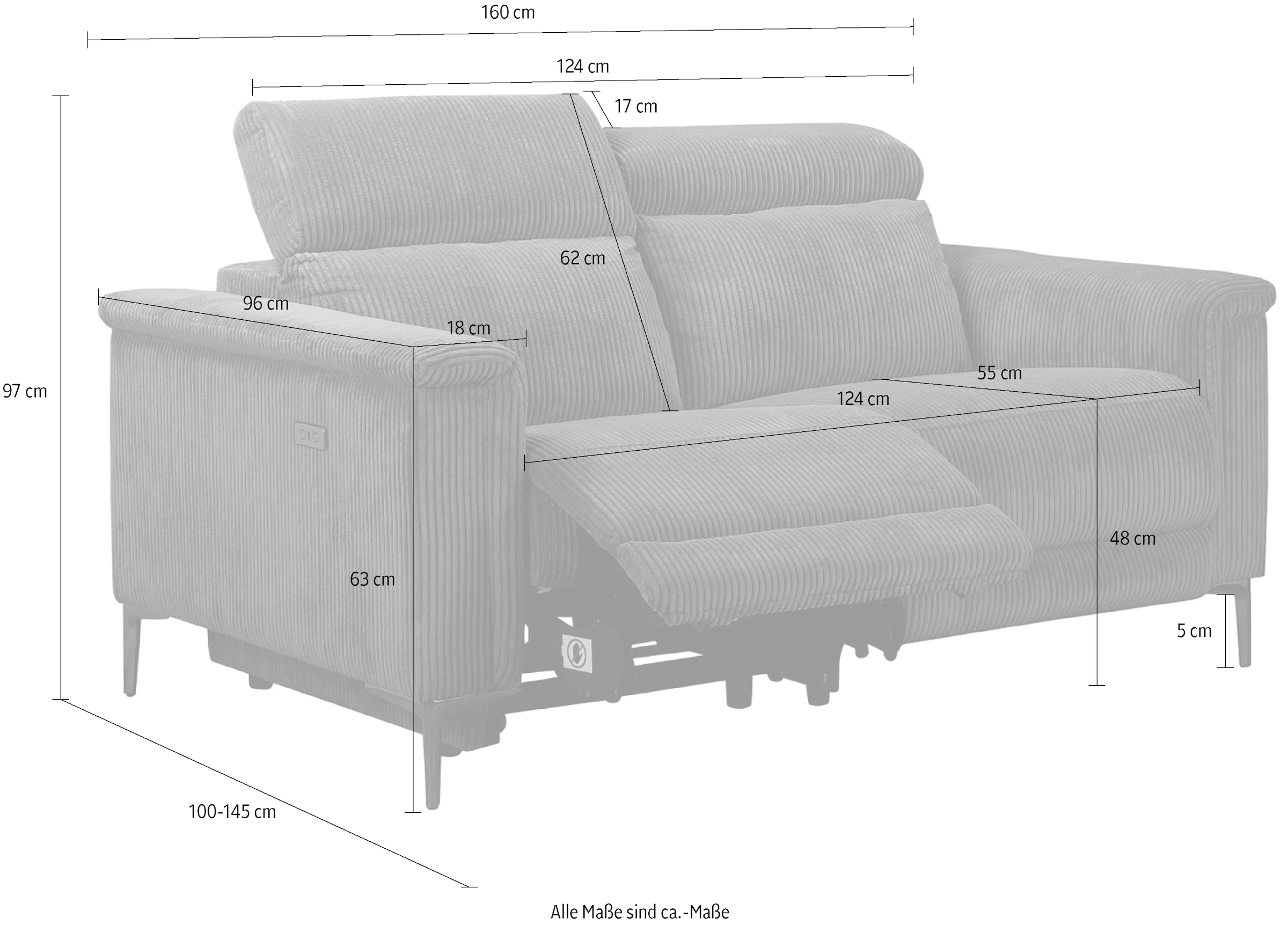 Places of Style 2-Sitzer »Lund in Cord, mit manueller o. elektrischer«, Relaxfunktion, USB-A, Kopfteilverstellung, Breite 160 cm