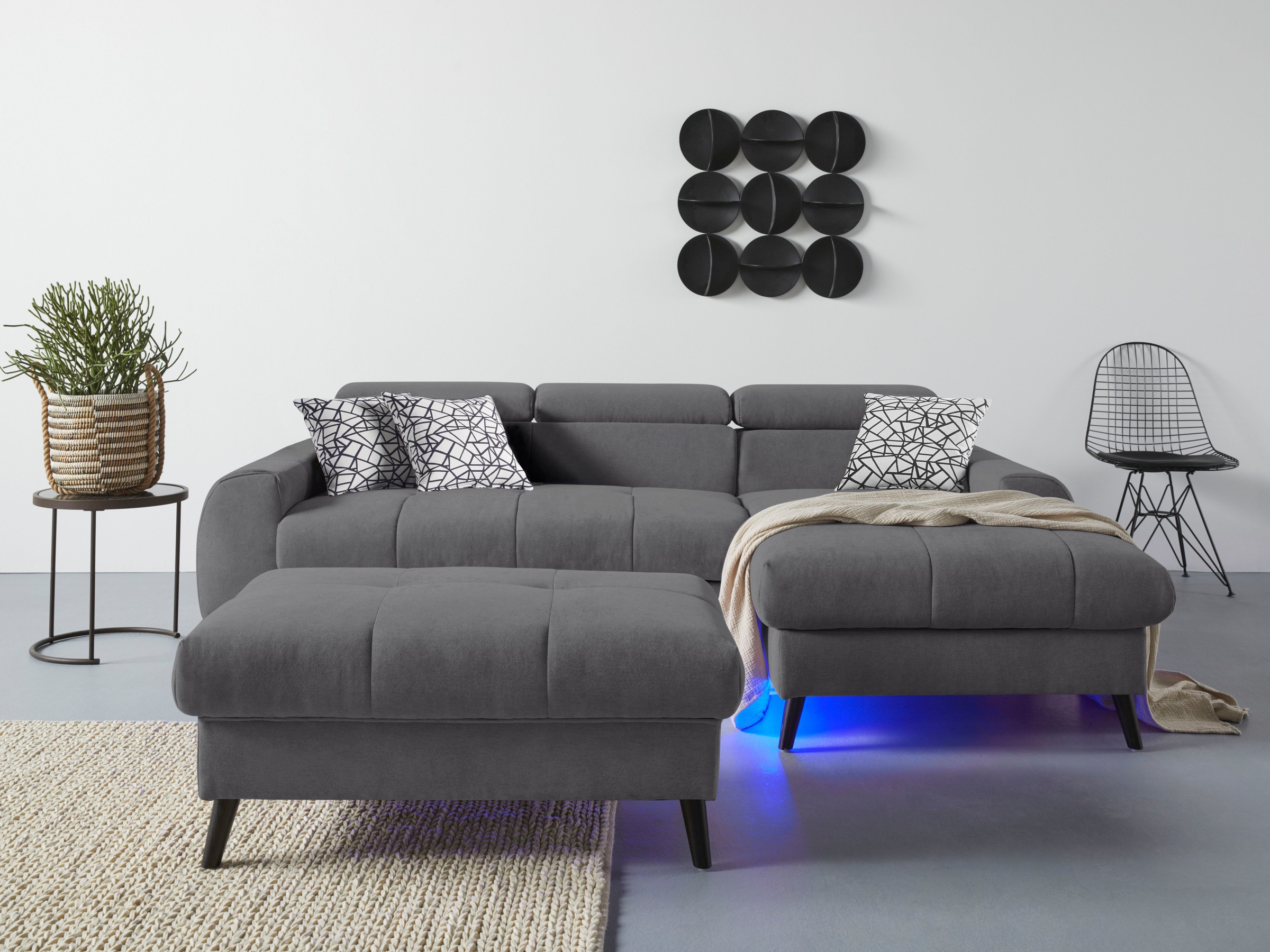 COTTA Ecksofa »Mia L-Form mit 3 Zierkissen«, wahlweise mit Bettfunktion, Bettkasten, Beleuchtung & Wireless-Charger