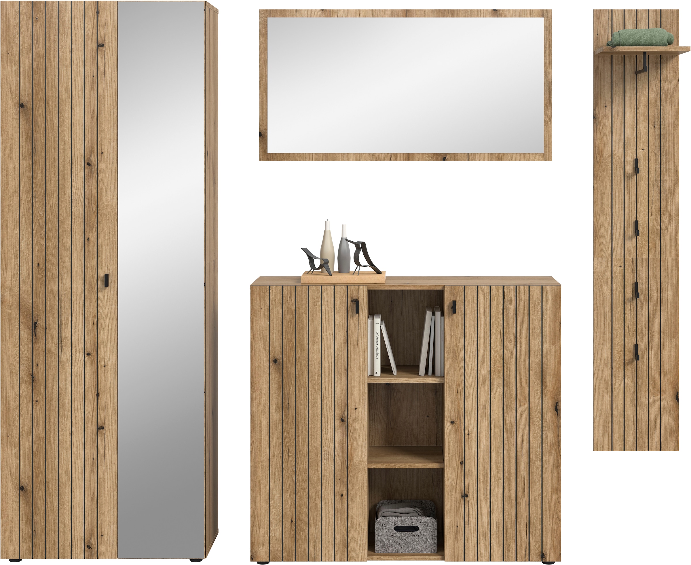 INOSIGN Garderoben-Set »TATIO, 4-tlg. Garderobenkombination, Breite: 237 cm, Rillenfräsung« Set, 1 Spiegel, 1 Garderobenschrank, 1 Schuhkommode, 1 Garderobenpaneel, 4 Stk. tlg.