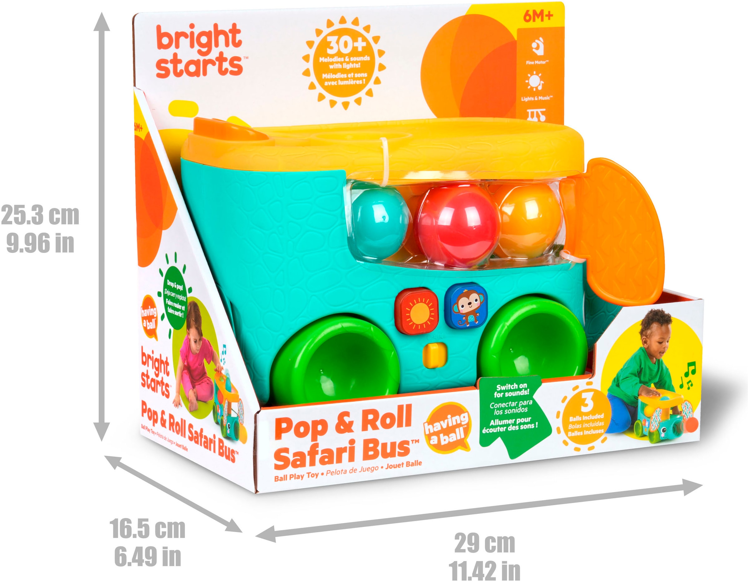 Bright Starts Lernspielzeug »Pop & Roll Safari Bus Ball Play Toy«, mit Licht und Sound