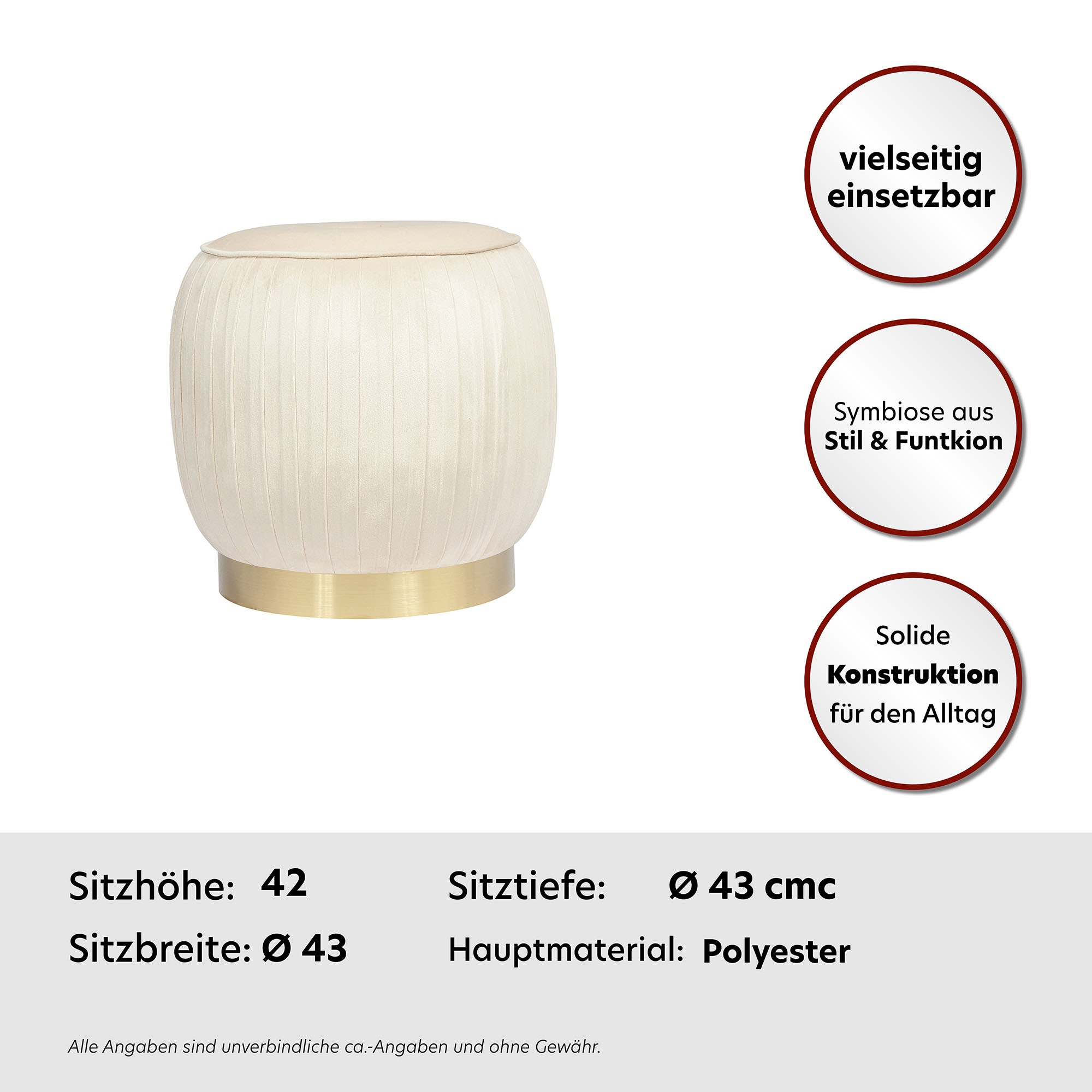 Kayoom Sitzhocker »Hocker Lilje, Edler Touch durch goldenen Sockel,Hochwertiger Samtbezug«, (1 St.), samtweich, gesteppte Ziernaht, Edelstahlsockel, Hochwertiger Samtbezug