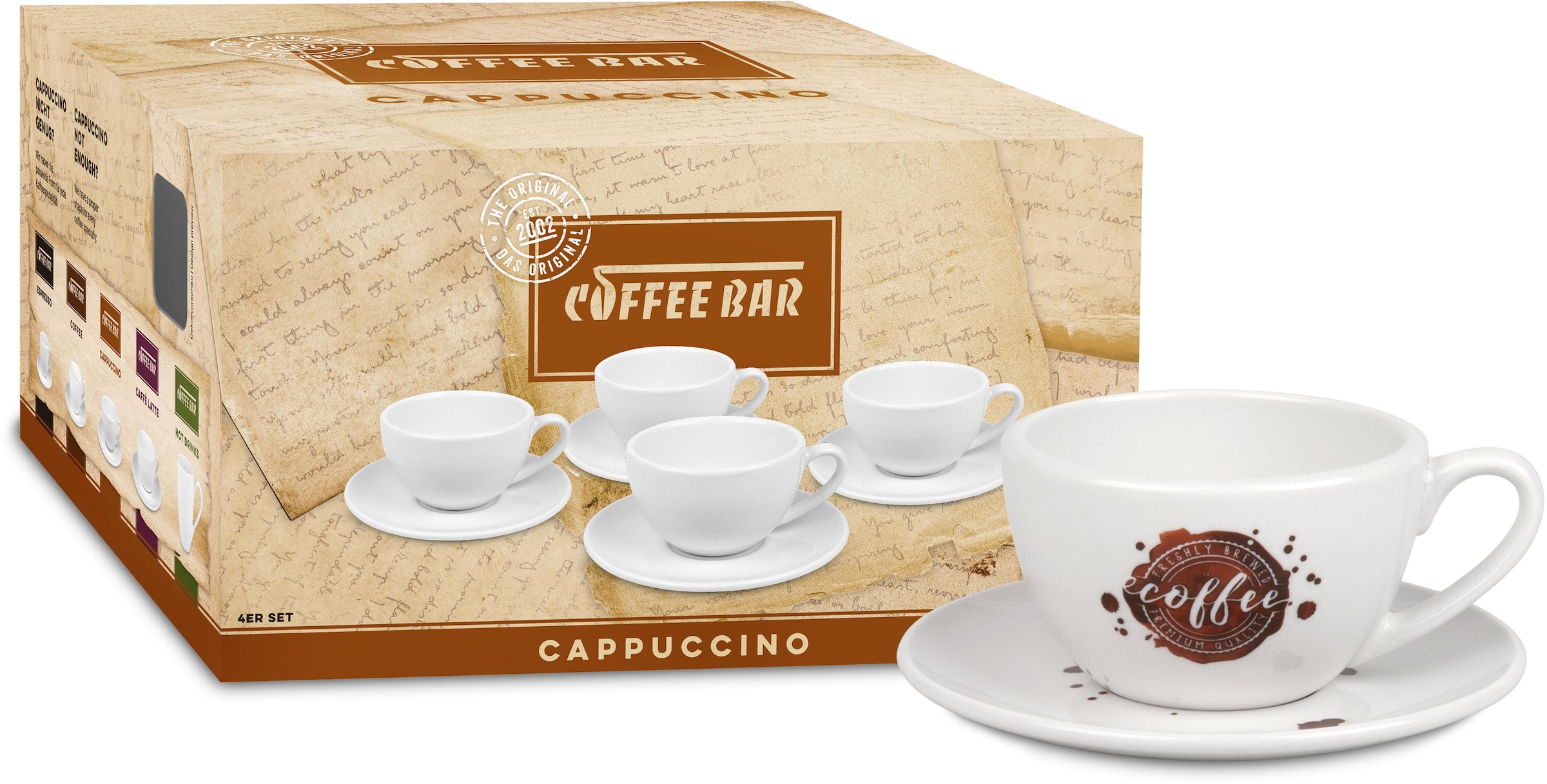 - (4 Tassen, kaufen »Coffee Coffee«, Porzellan Cappuccinotasse 4 Untertassen,) 8 Untertassen), (Set, Bar Könitz Cappuccinotassen-4 tlg., 4 online