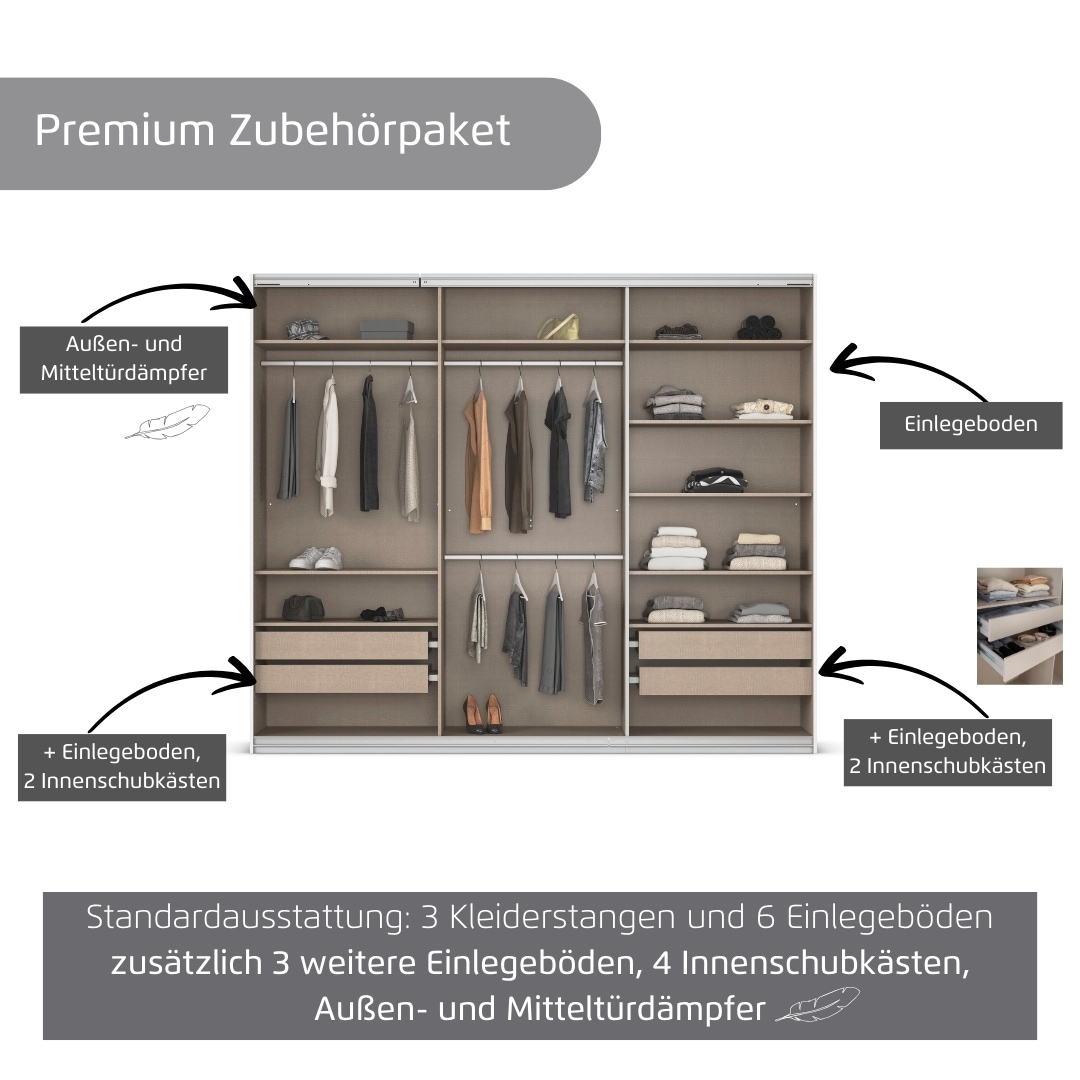 rauch Kleiderschrank »Schwebetürenschrank OTTO´s Choice Garderobe Schrank TOP ANGEBOT Avola«, (in 3 verschiedenen Ausstattungen BASIC/CLASSIC/PREMIUM), mit eleganten Zierleisten in Chrom, Schwarz oder Weiß MADE IN GERMANY