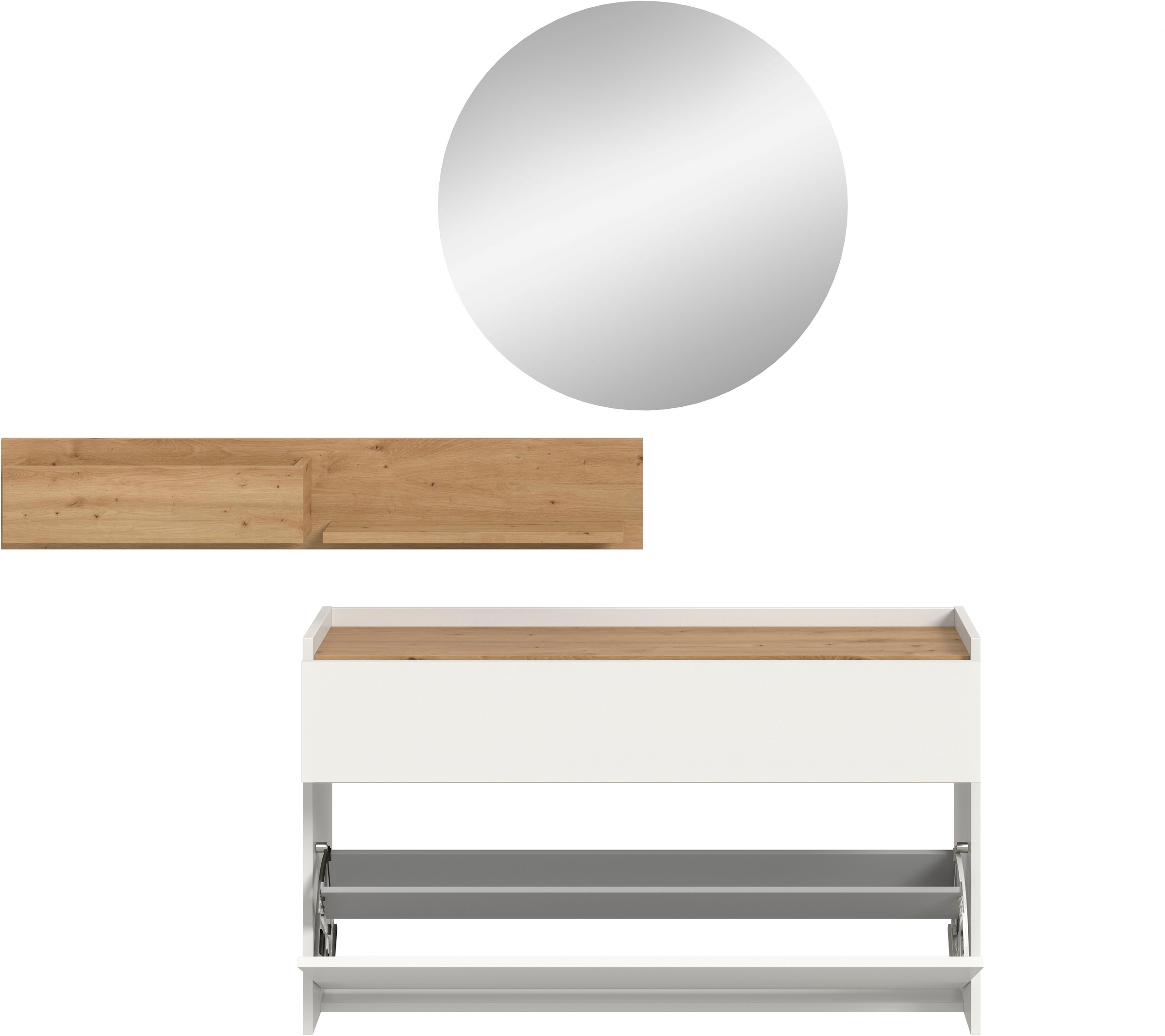 INOSIGN Garderoben-Set »EVRID, 3-teilig, Breite 140 cm, individuell hängbar & erweiterbar«, (3 St., best. aus: Kommode, Wandboard & Spiegel), Garderobenkombination, Garderobe, Wandgarderobe, Flur, Diele