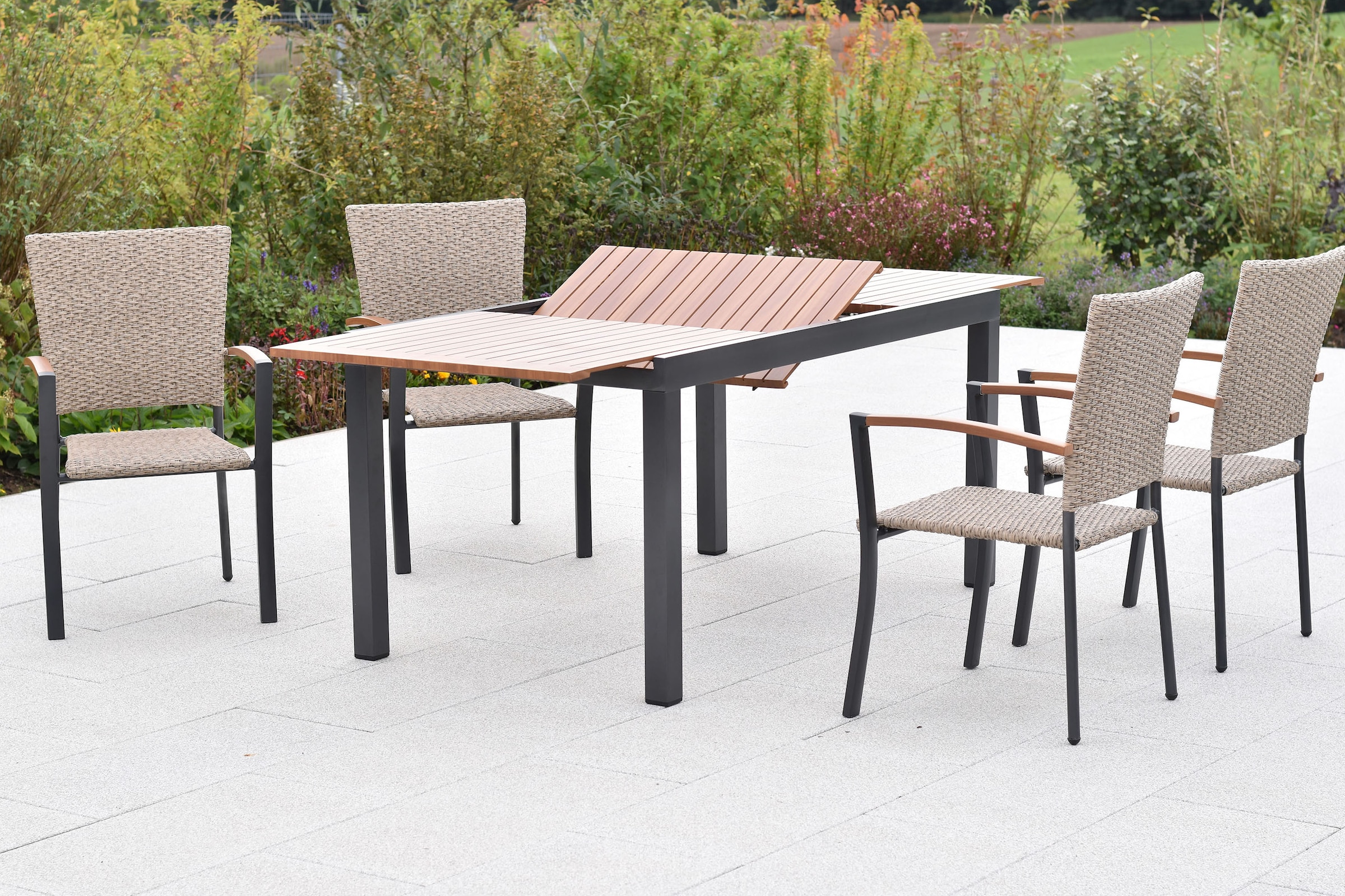MERXX Garten-Essgruppe »»Teramo««, (Set, 5 tlg.), folierte Applikationen und Tischplatte in Holzoptik