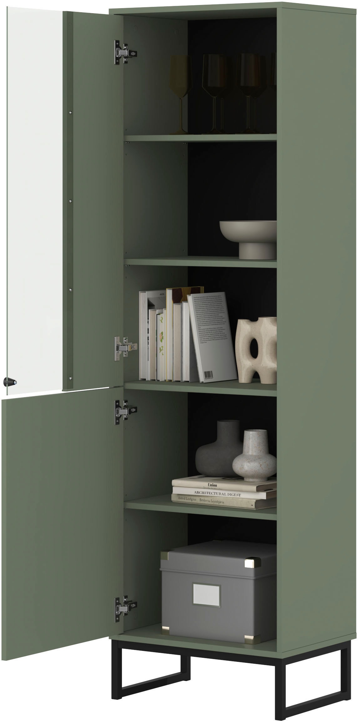 OTTO home Vitrine »Loft, Höhe 180 cm, moderne Standvitrine mit 2 Türen, Metallkufen« Hochschrank mit viel Stauraum, Glastür und verstellbaren Einlegeböden
