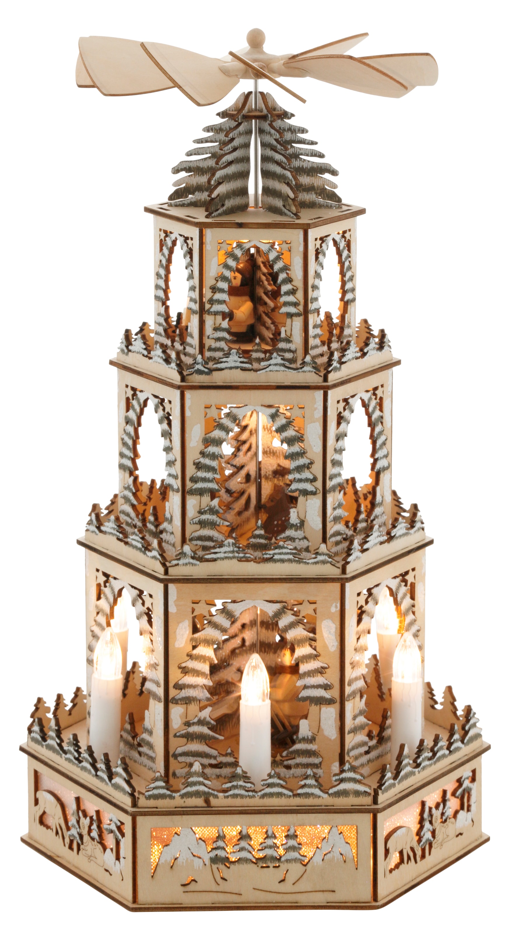 OTTO home Weihnachtspyramide »1 Stück, Weihnachtsdeko mit LED-Beleuchtung, bewegliche Figuren« mit LED Beleuchtung und beweglichen Figuren, Höhe ca. 48 cm, Batterie