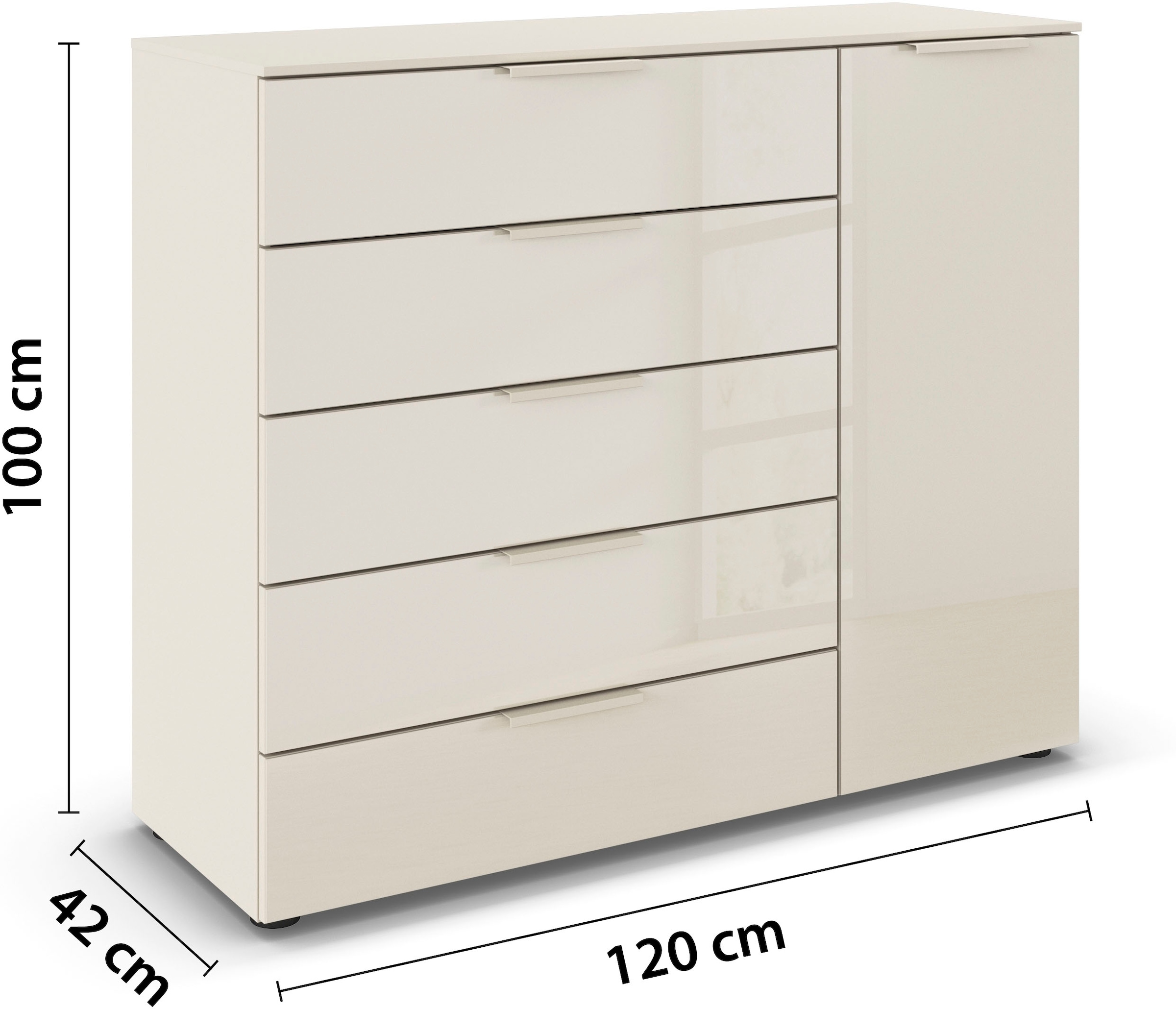 rauch Schubkastenkommode »Kommode Türkommode Sideboard Kombikommode FLIPP mit Glasfront« Breite 120 cm mit 2 Einlegeböden,  1-türig mit 5 Schubladen und Soft-Close-Funktion sowie Glasfront