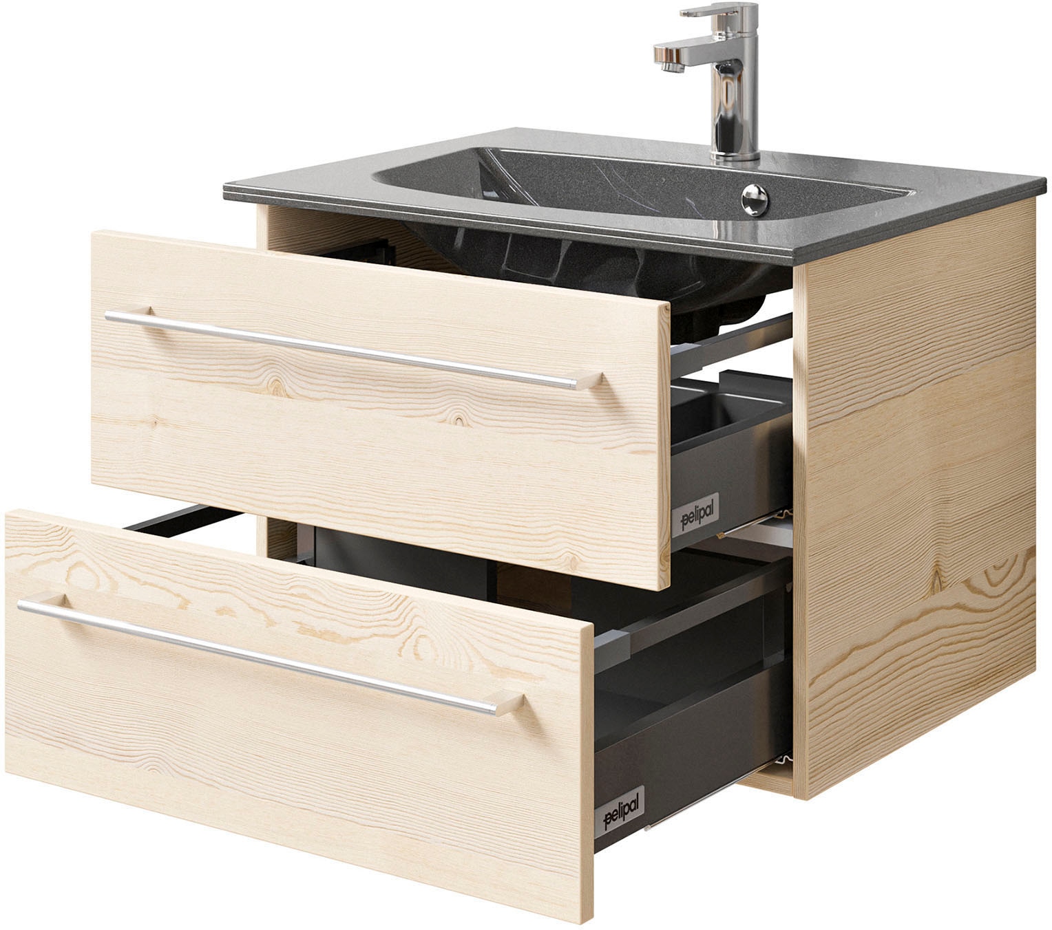 Saphir Badmöbel-Set »Serie 6025 2-teilig Mineralmarmor-Waschtisch mit LED-Spiegelschrank«, (2 St.), Waschplatz 67 cm breit, 2 Schubladen, 2 Spiegel-Türen, inkl Türdämpfer
