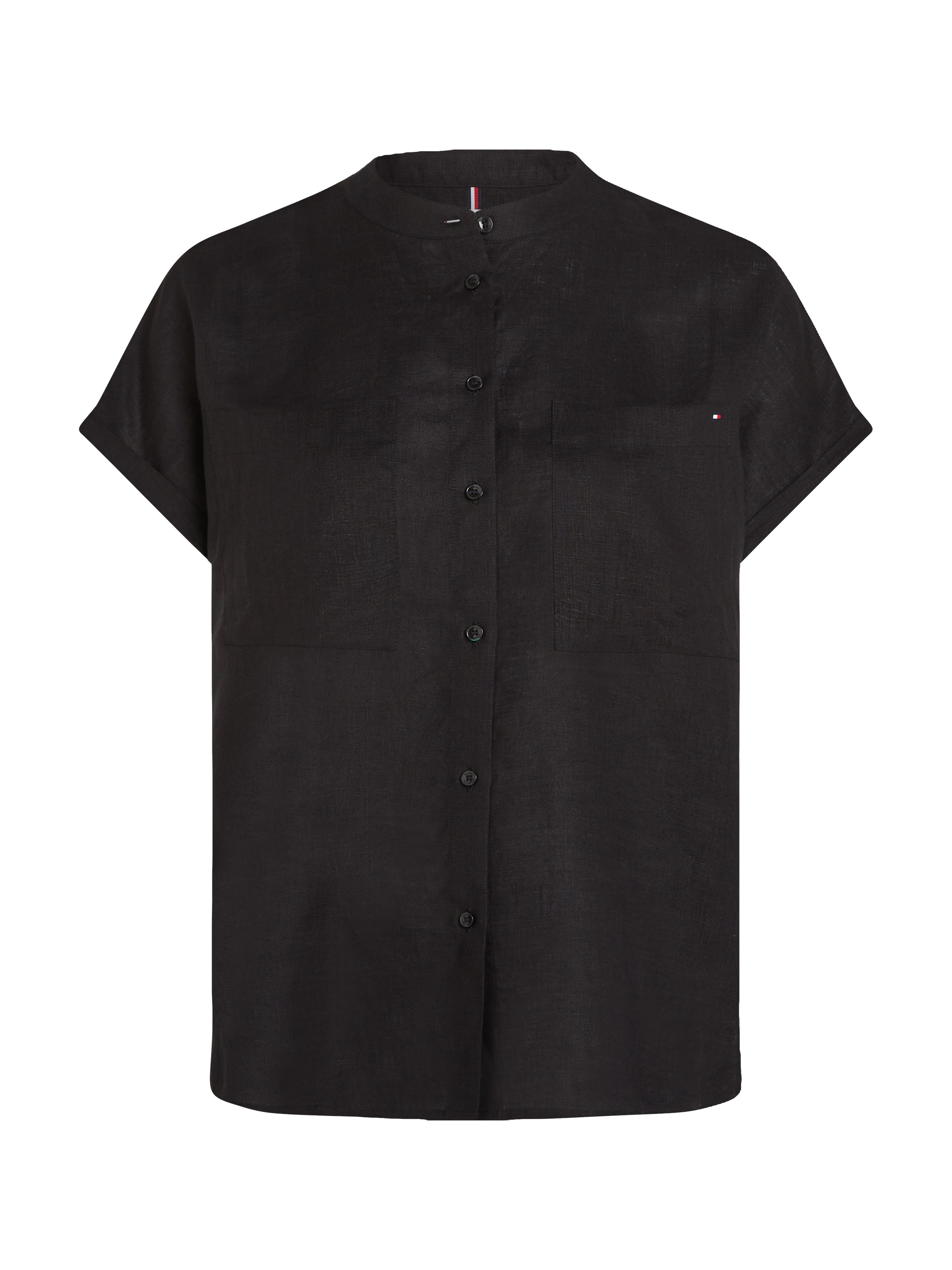 Tommy Hilfiger Kurzarmbluse »ESS LINEN COLLARLESS S/S BLOUSE«, mit Logostickerei,kühlendes Premium Leinen