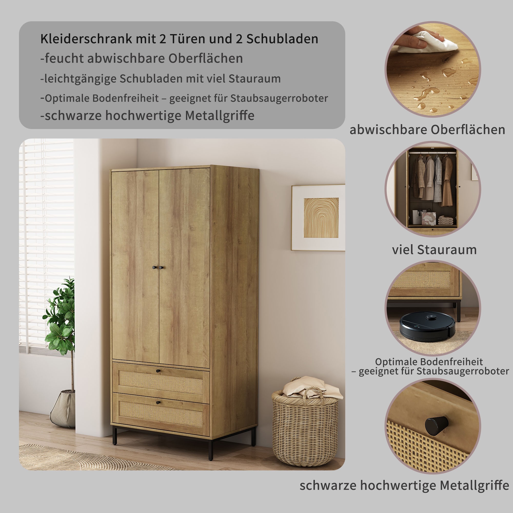 OTTO home Kleiderschrank »Motala Schlafzimmerschrank Garderobe Boho Eichen-Design Bestseller« Moderne schwarze Griffe, Schublade mit Geflecht, 