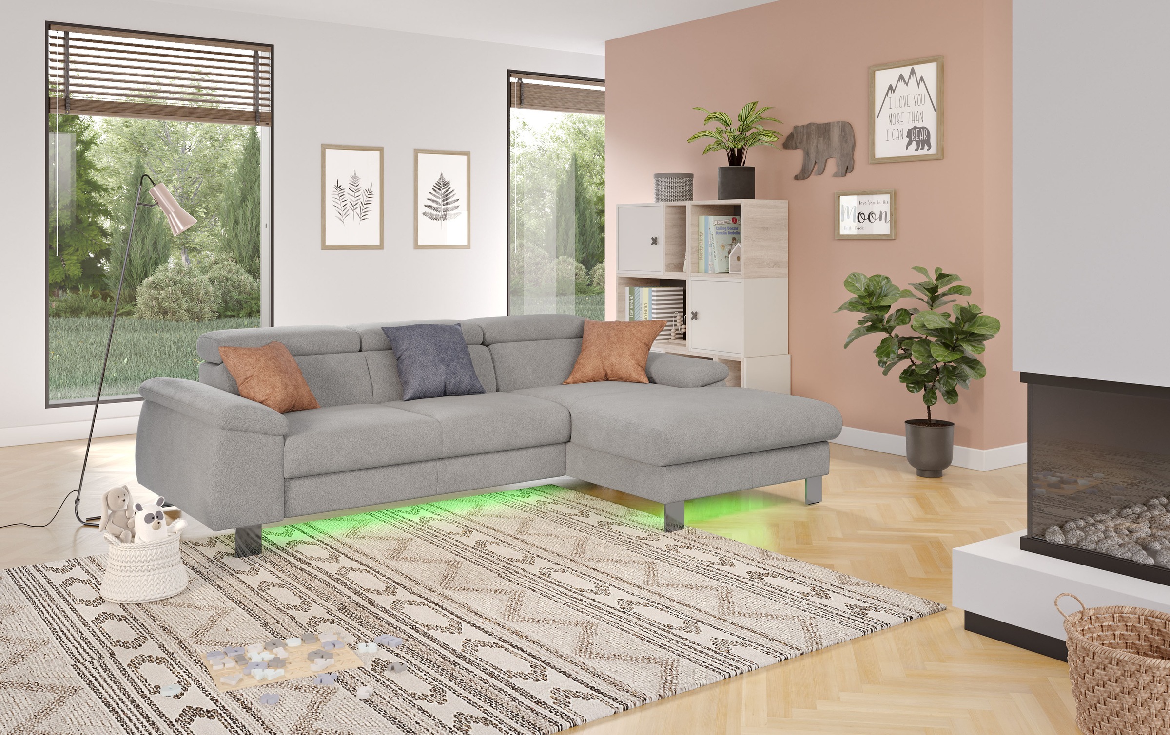 COTTA Ecksofa Komaris, Ecksofa, wahlweise mit RGB-LED-Beleuchtung und Bettfunktion/Bettkasten