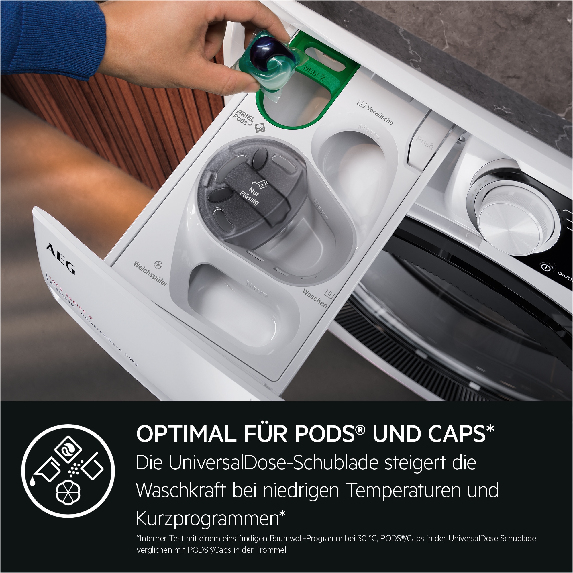 AEG Waschmaschine 8000 PowerCare »LR8E75490« 9 kg 1400 U/min UniversalDose: löst PODS®/Caps 60 % schneller auf für beste Reingung