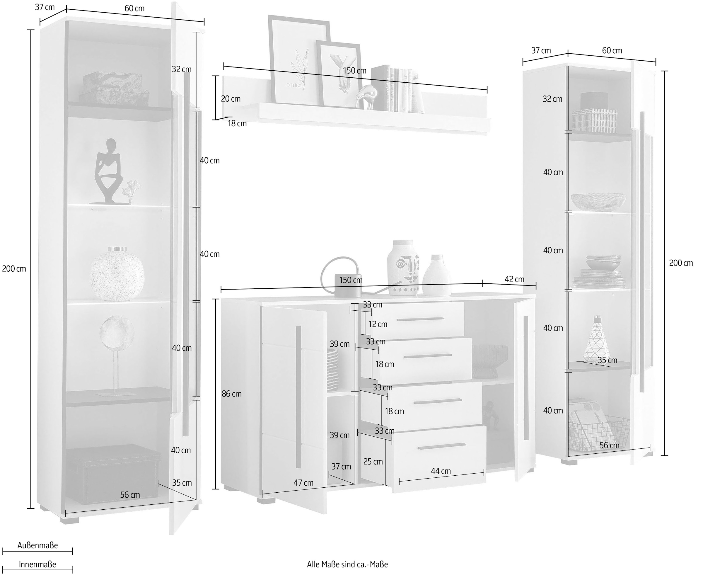 INOSIGN Wohnwand »Cantara, moderne Anbauwand, Wohnzimmer-Set, in Eiche Evoke oder Weiß«, (Set), enthält zwei Vitrinen, ein Sideboard und ein Wandboard