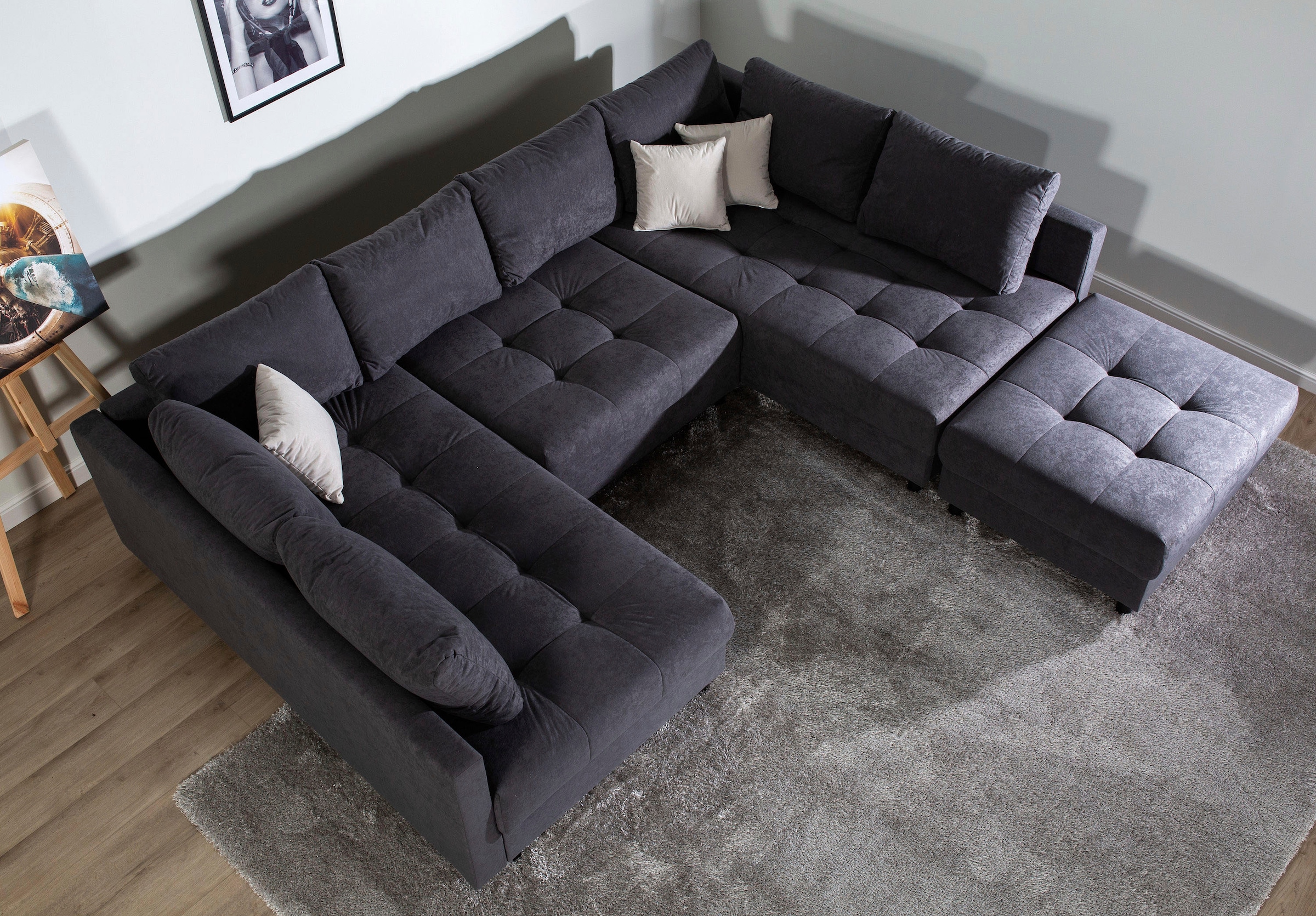 COLLECTION AB Wohnlandschaft »Toni U-Form, B: 298 cm, Liegefl. 282x178cm« Set 2tlg. Sofa + Hocker, mit Schlaffunktion, Federkern, 3 Zierkissen
