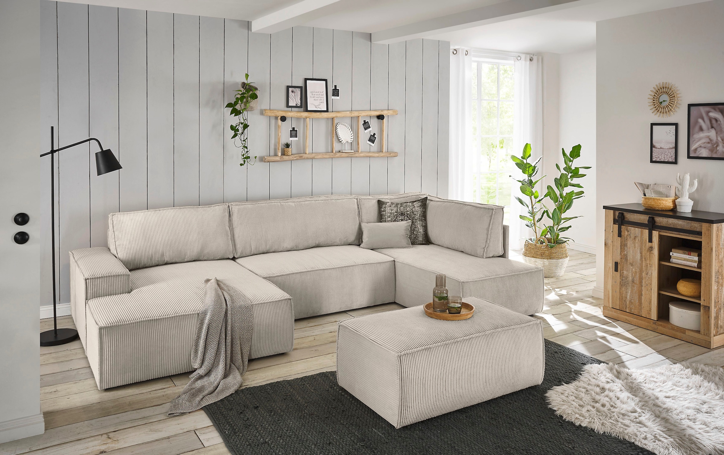 Home affaire Wohnlandschaft »SHERWOOD 329 cm, U-Form, Schlafsofa,«, Schlaffunktion m. Bettkasten (194x139 cm), Cord, Vintage, Samtvelours
