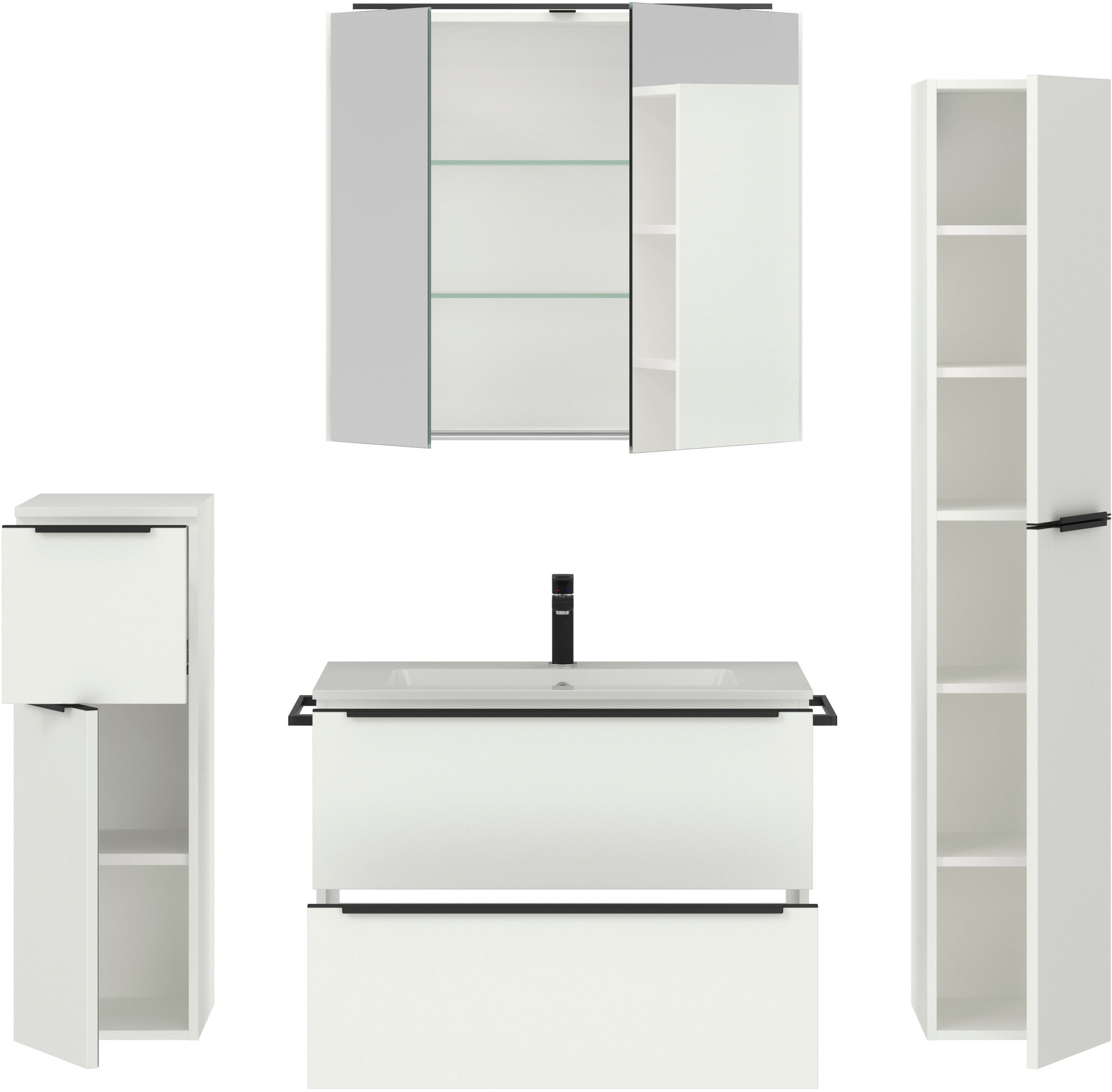 nobilia® Badmöbel-Set »Levere«, (4 St., vormontiert, mit Soft-Close), inkl. Spiegelschrank mit Beleuchtung und Dimmerfunktion, in 4 Breiten