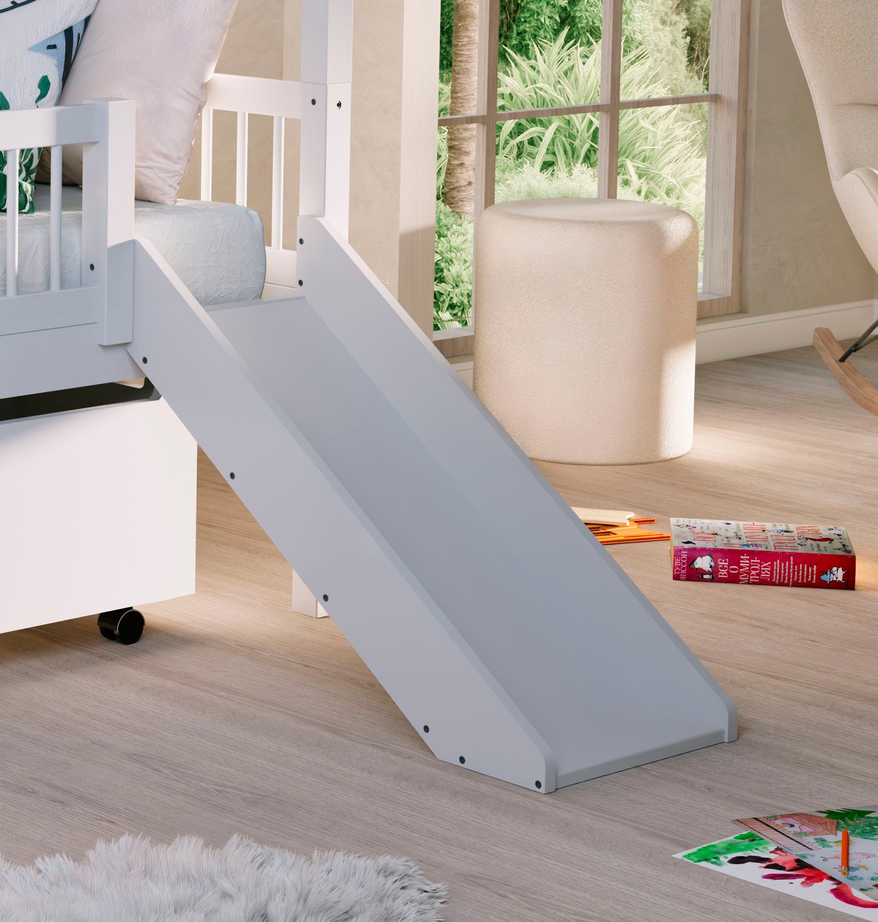 Vipack Hausbett »Inkl. Dachaufbau, Leiter, Rutsche und Rolllattenrost, Made in Europe« wahlweise mit und ohne dekorativem Textilhimmel erhältlich,  hochwertig und stabil bebaut, Buche massiv weiß lackiert