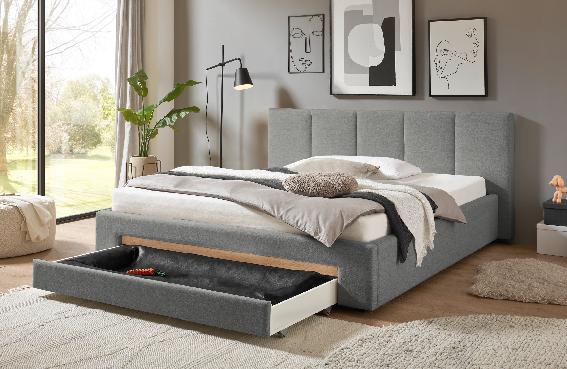 INOSIGN Polsterbett »CiTY/GiRON, Bettgestell mit Bettkasten, gepolstertes Stauraumbett«, mit Hundebett oder Stauraumschublade, Bezug Cord-oder Leinenoptik